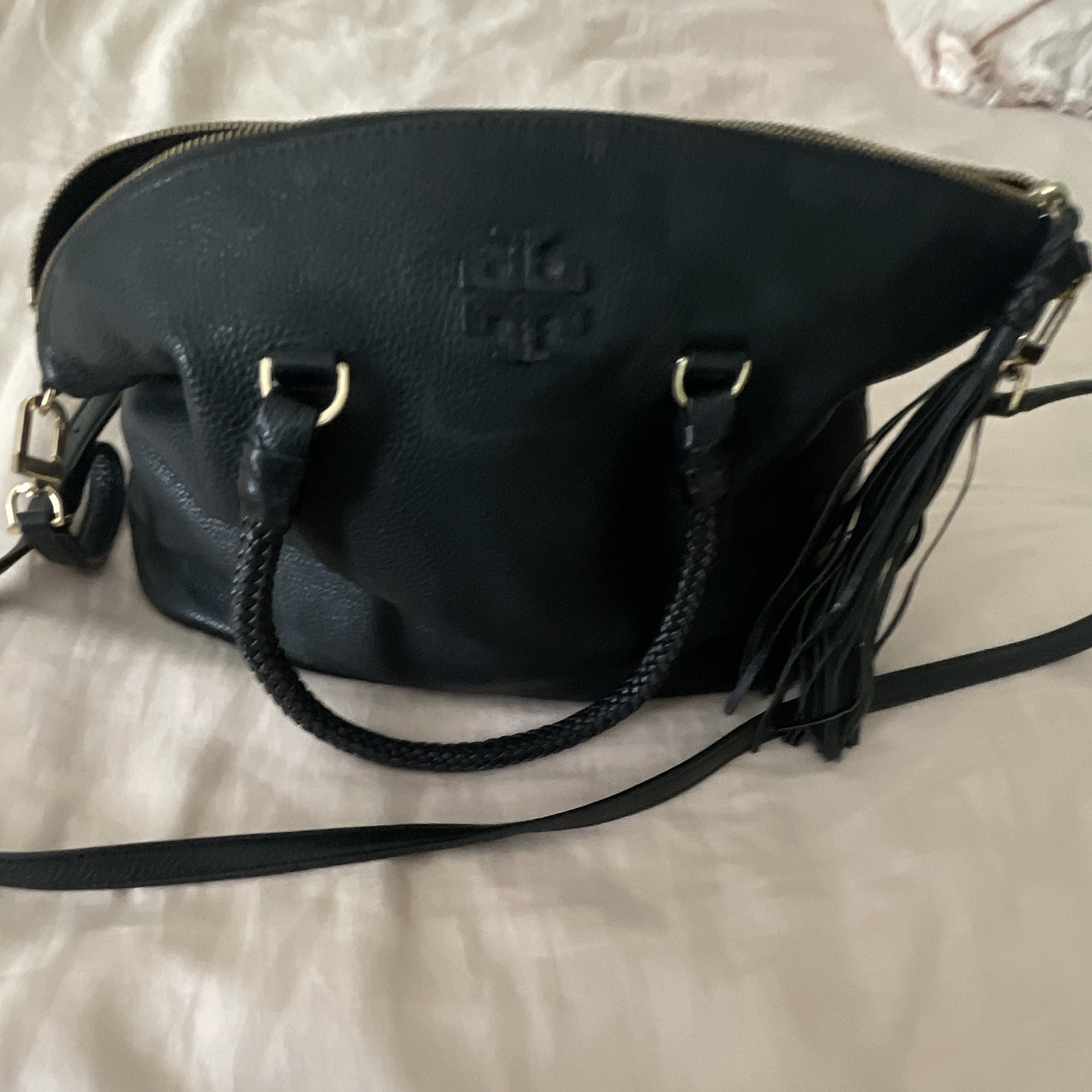 Tory Burch Black Pebbled Satchel Top Handle Bag Tassel Zip Gold Hardware
