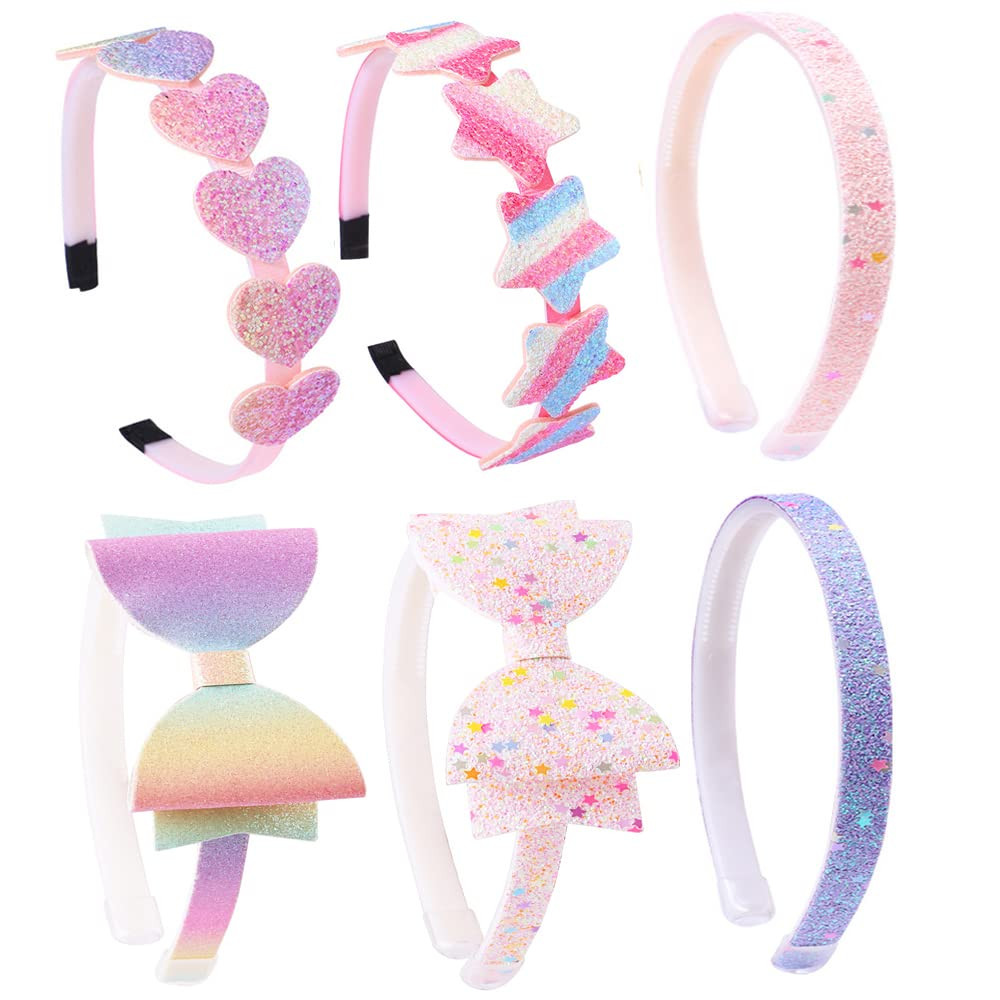 6 Pack Girls Headbands Glitter Kids Hair Accessories Bow/Heart/Star Shaped Sweet