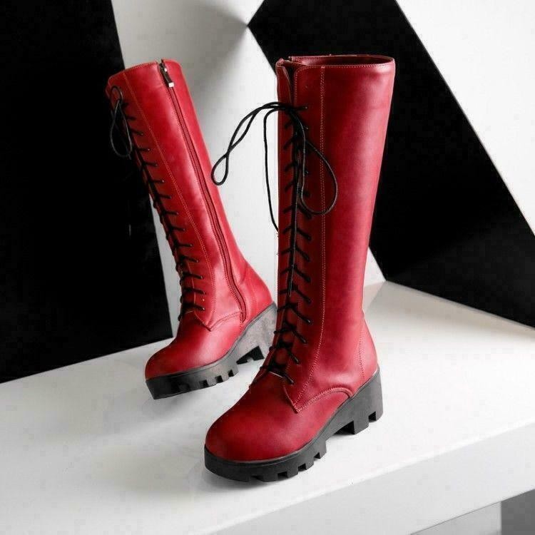 Womens Gothic Round Toe Combat Knee High Boots Retro PU Leather Lace Up Shoes