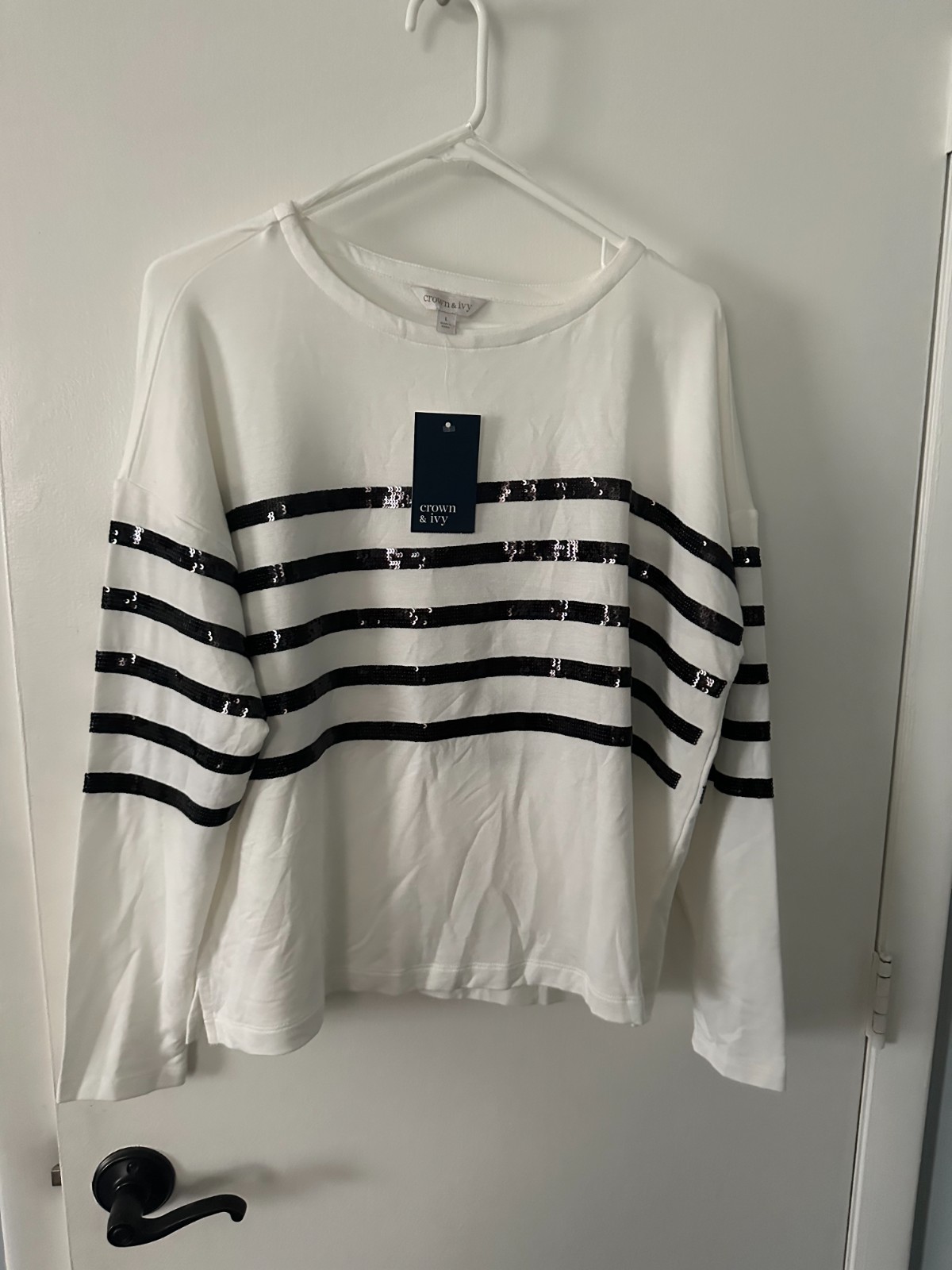 NWT. Women’s Crown and Ivy white long sleeve black sequinced stripes