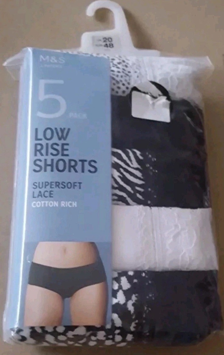 M&S ladies 1 x 5 cotton rich BLACK/WHITE knickers LOW RISE SHORTS UK Sz 20 EU 48