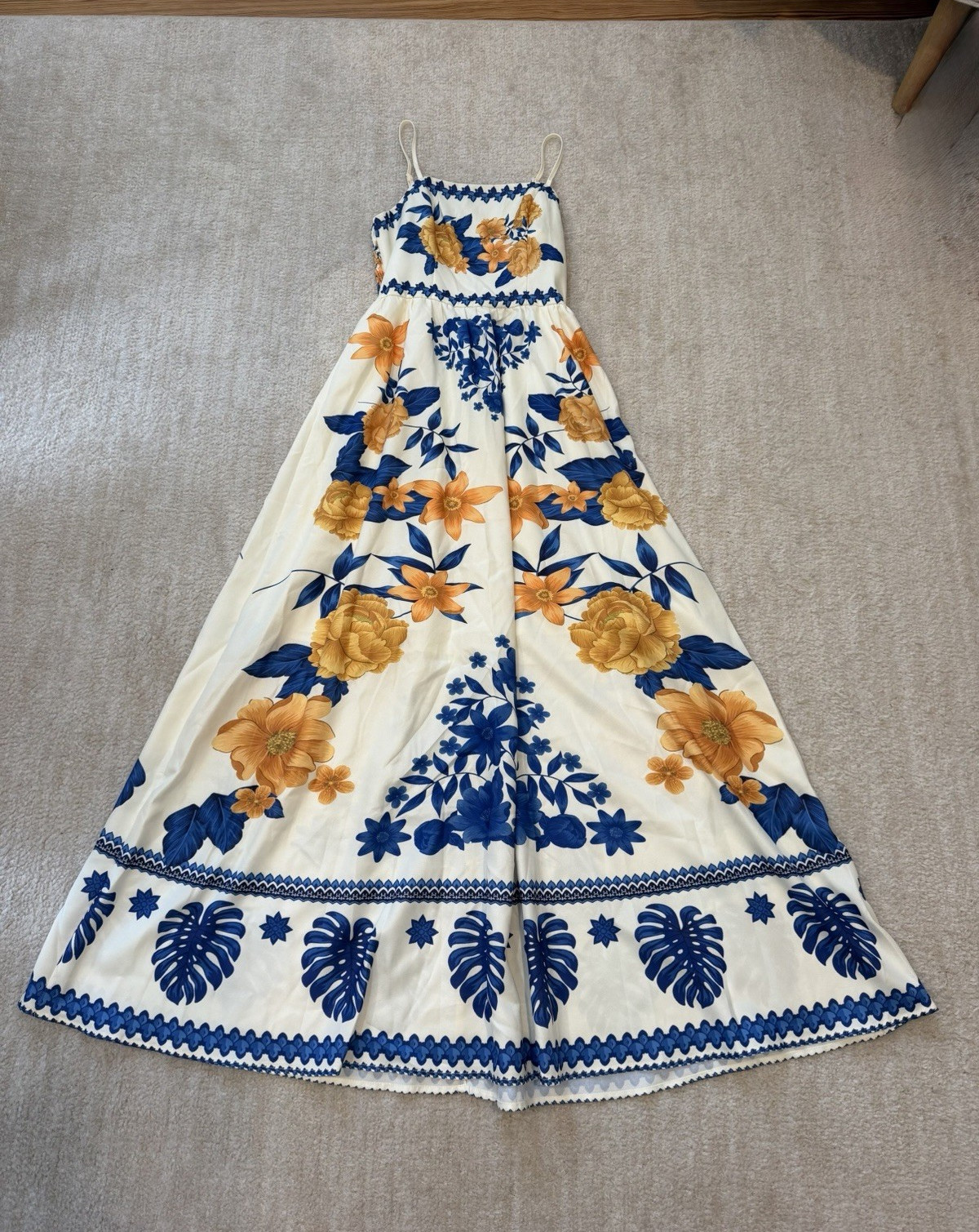 SheIn Ivory Blue Orange Floral Square Neck Spaghetti Strap Maxi Dress S