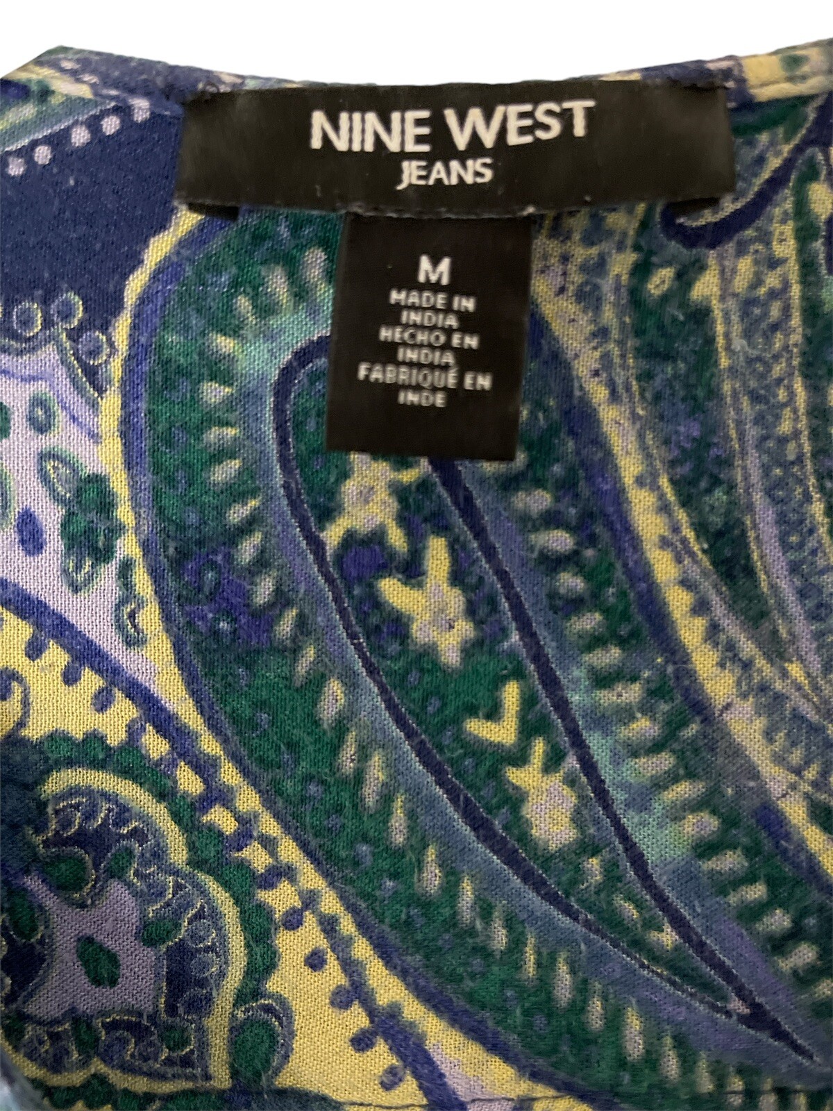 Nine West Jeans Top Womens Medium Blue Paisley Roll Tab Sleeve Hi Low Hem Tunic