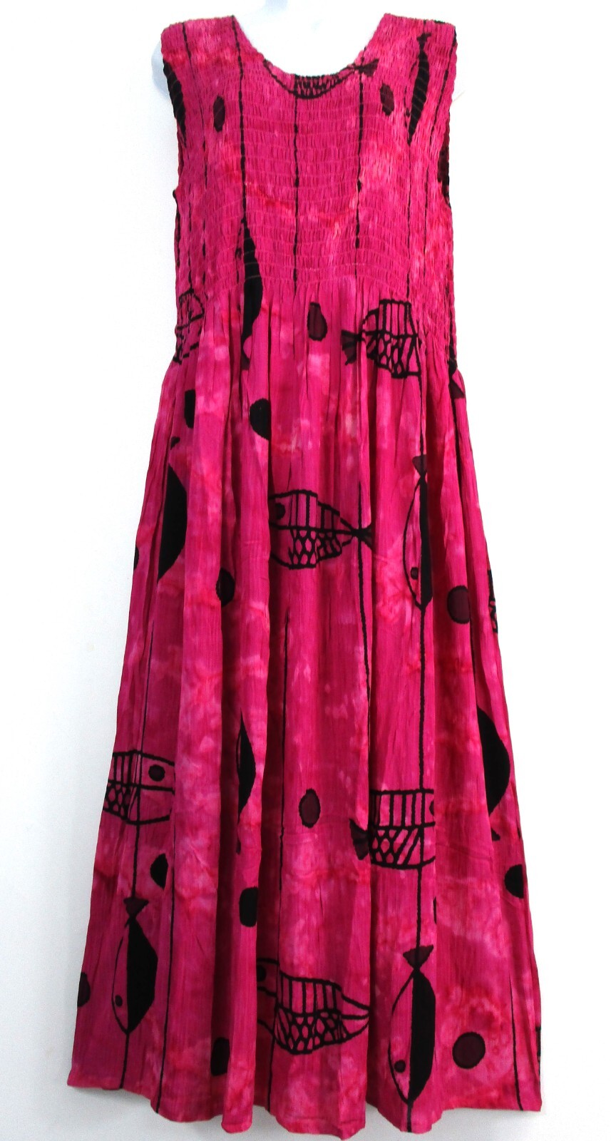 Lagenlook Ladies 100% Rayon Fish Design Long Summer Dress One Size: Plus (16-20)