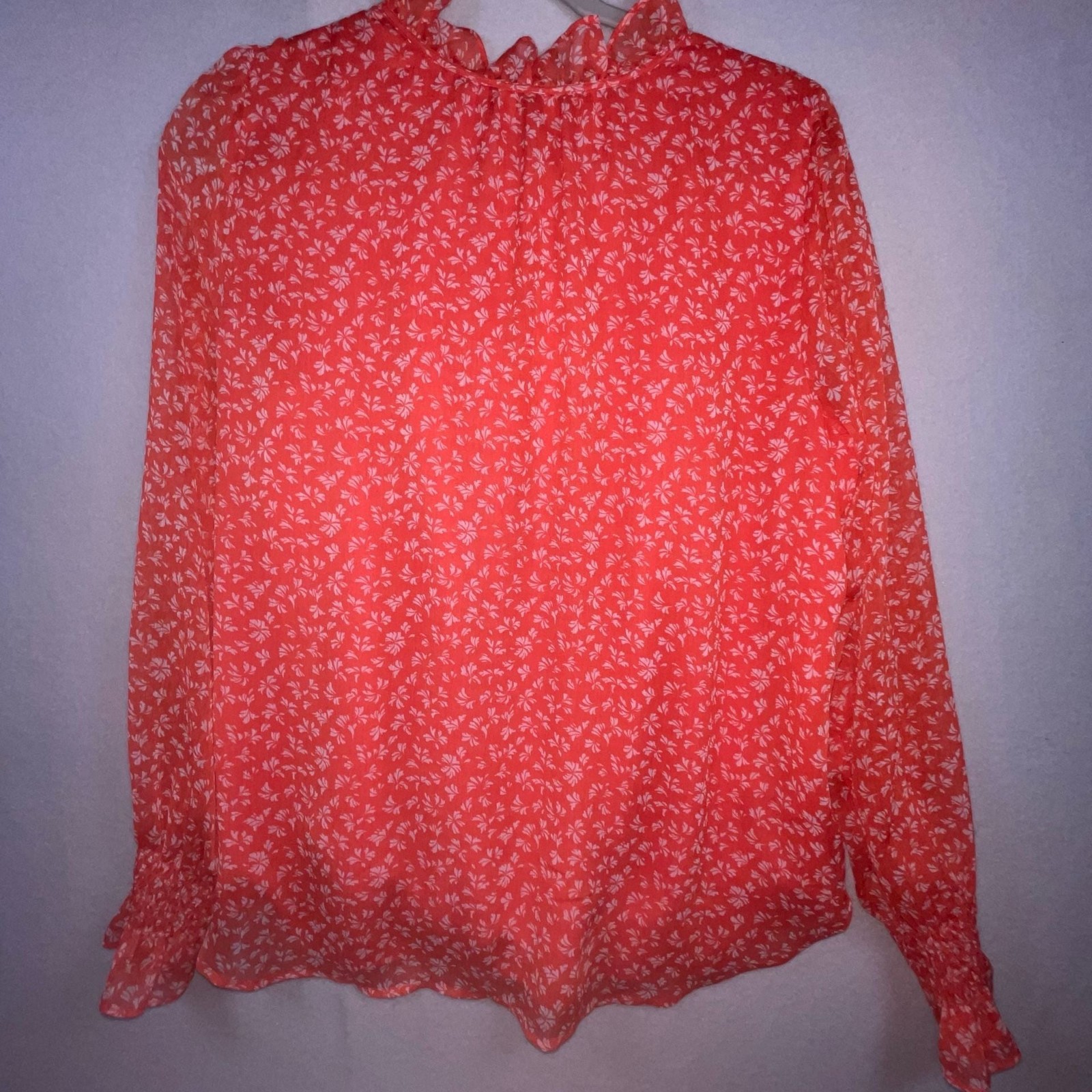 LOFT Orange Floral Ruffle Neck Tie Front Blouse Size M