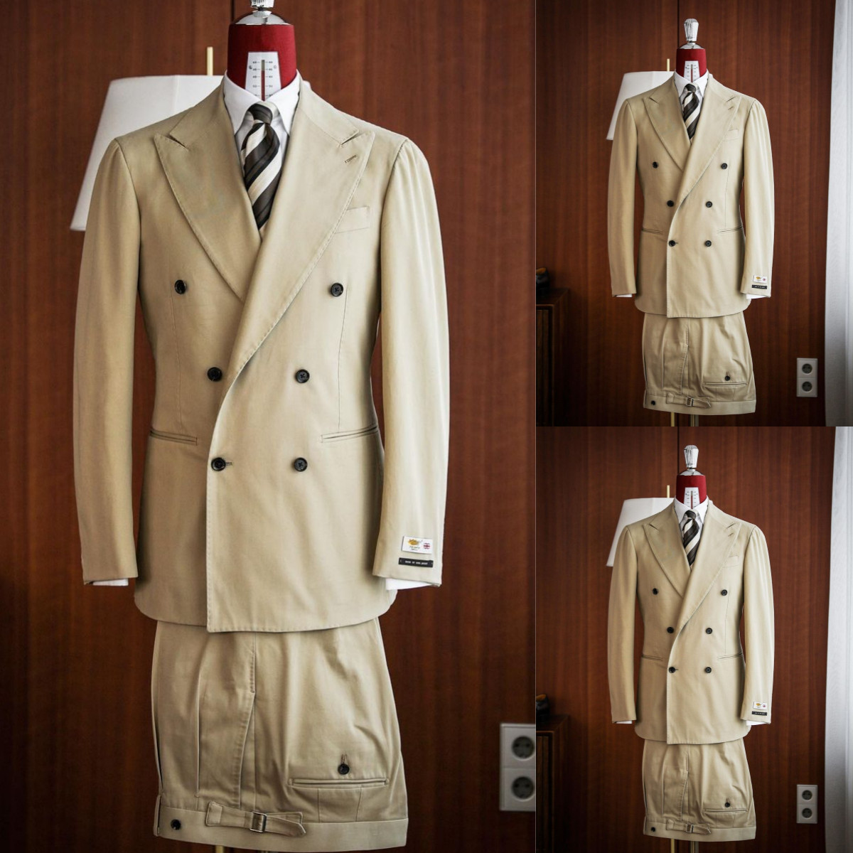 Double Breasted Men’s Suits Beige 2Pcs Business Formal Jacket Peak Lapel Coat