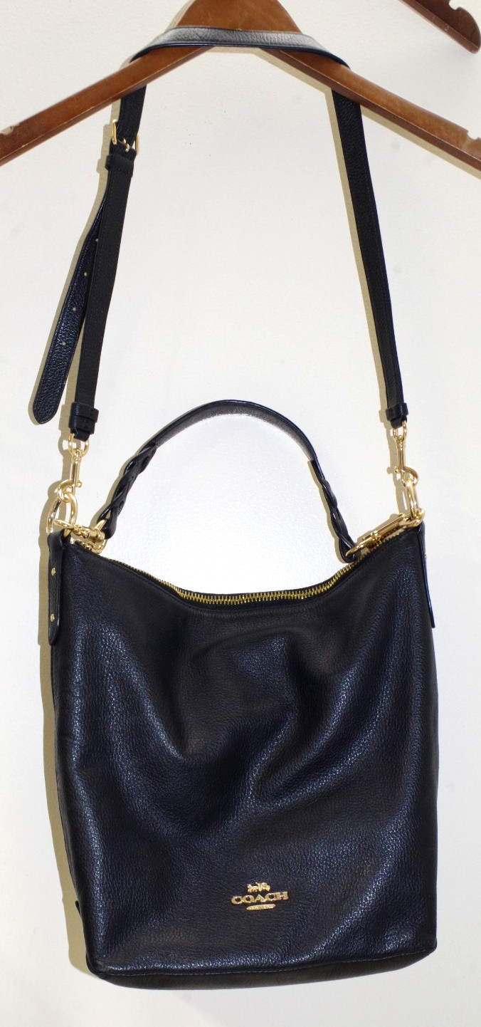 P3 COACH Bag Black Abby Duffle Pebbled Leather Gold Zip Black Double Straps