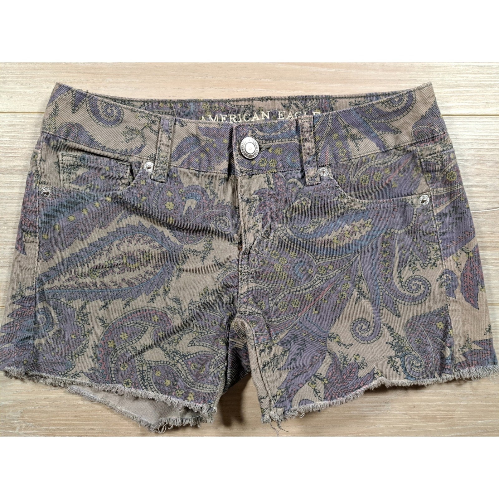 American Eagle Paisley Corduroy Cut Off Shorts Gray Purple Blue Size 0