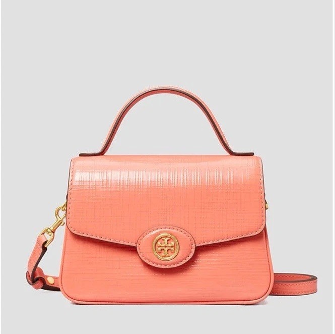 TORY BURCH ROBINSON Top Handle SPAZZOLATO CONVERTIBLE BAG Coral Pink 6×8”