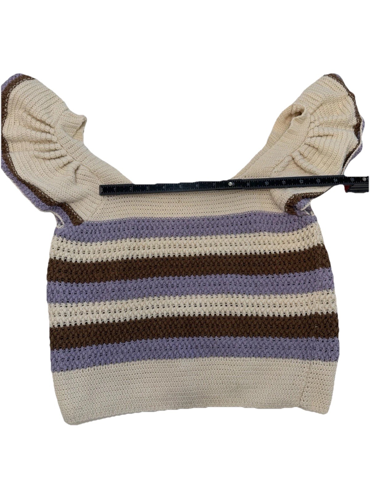 MNG Mango Beige Striped Knit Ruffle Flutter Sleeve Square Neck Cropped Top S