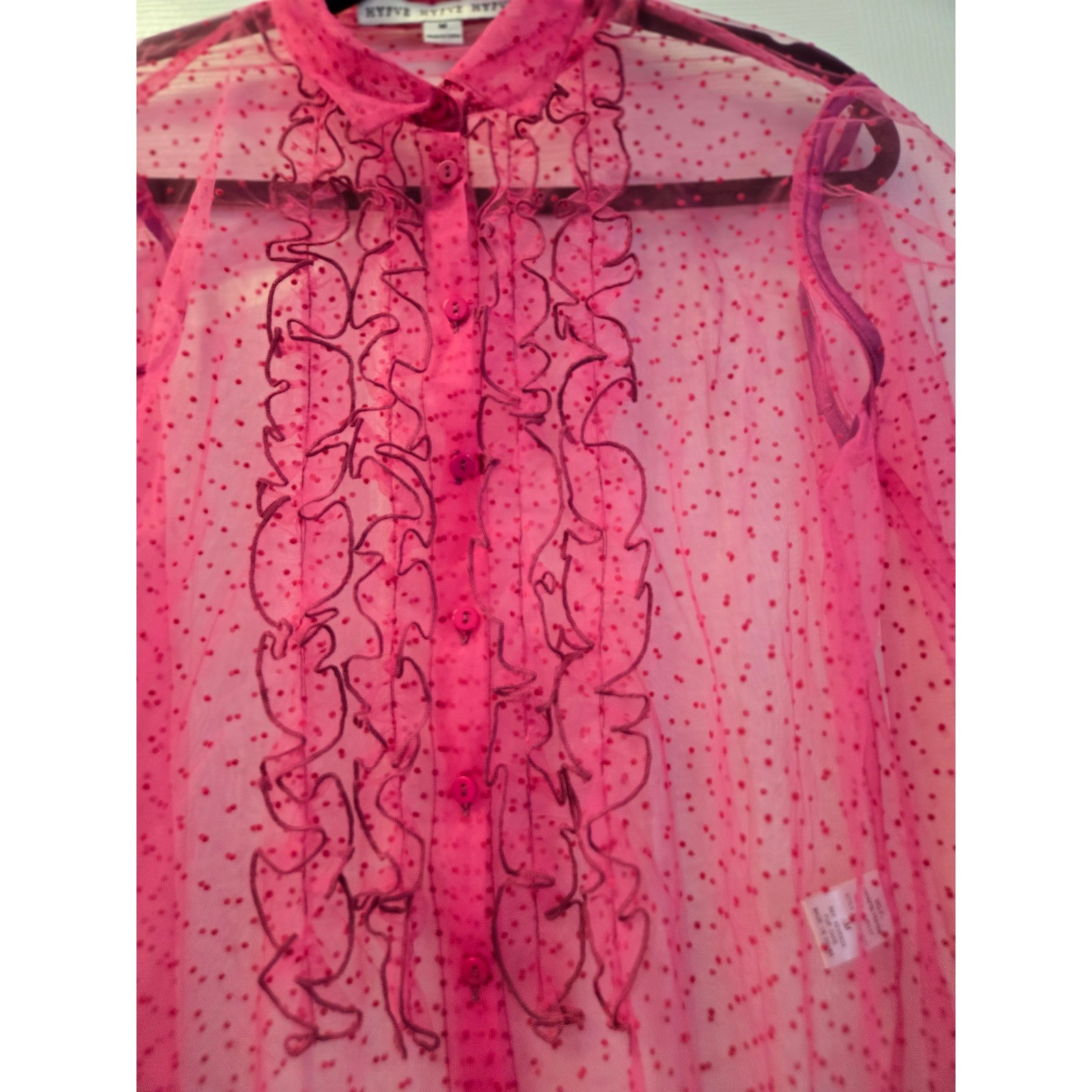 Hot Pink Sheer Mesh Polka Dot Ruffle Button Down Blouse M Medium Barbiecore