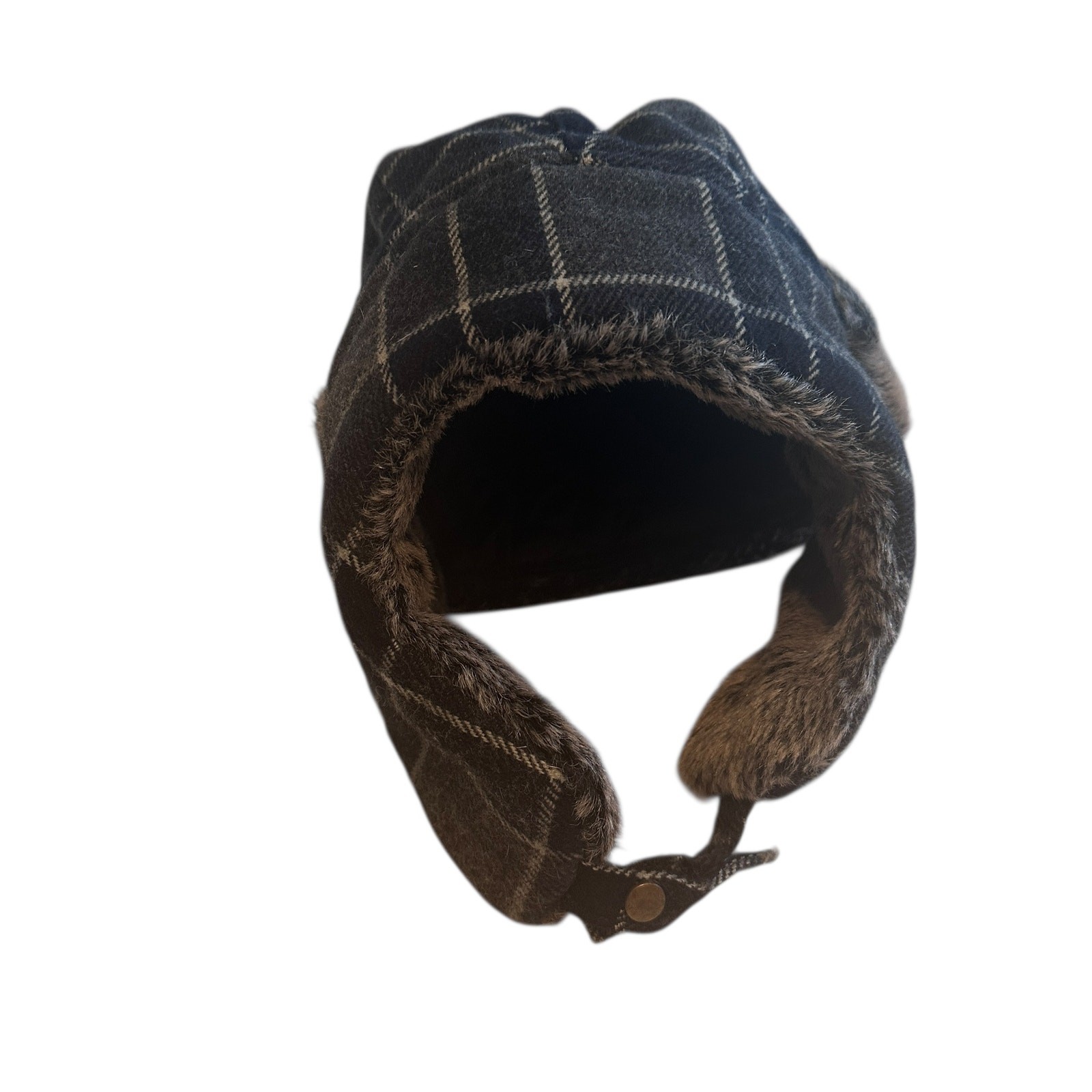 Dockers Trapper Hat One Size Gray Plaid Sherpa Faux Fur Trim Quilted Lined Warm