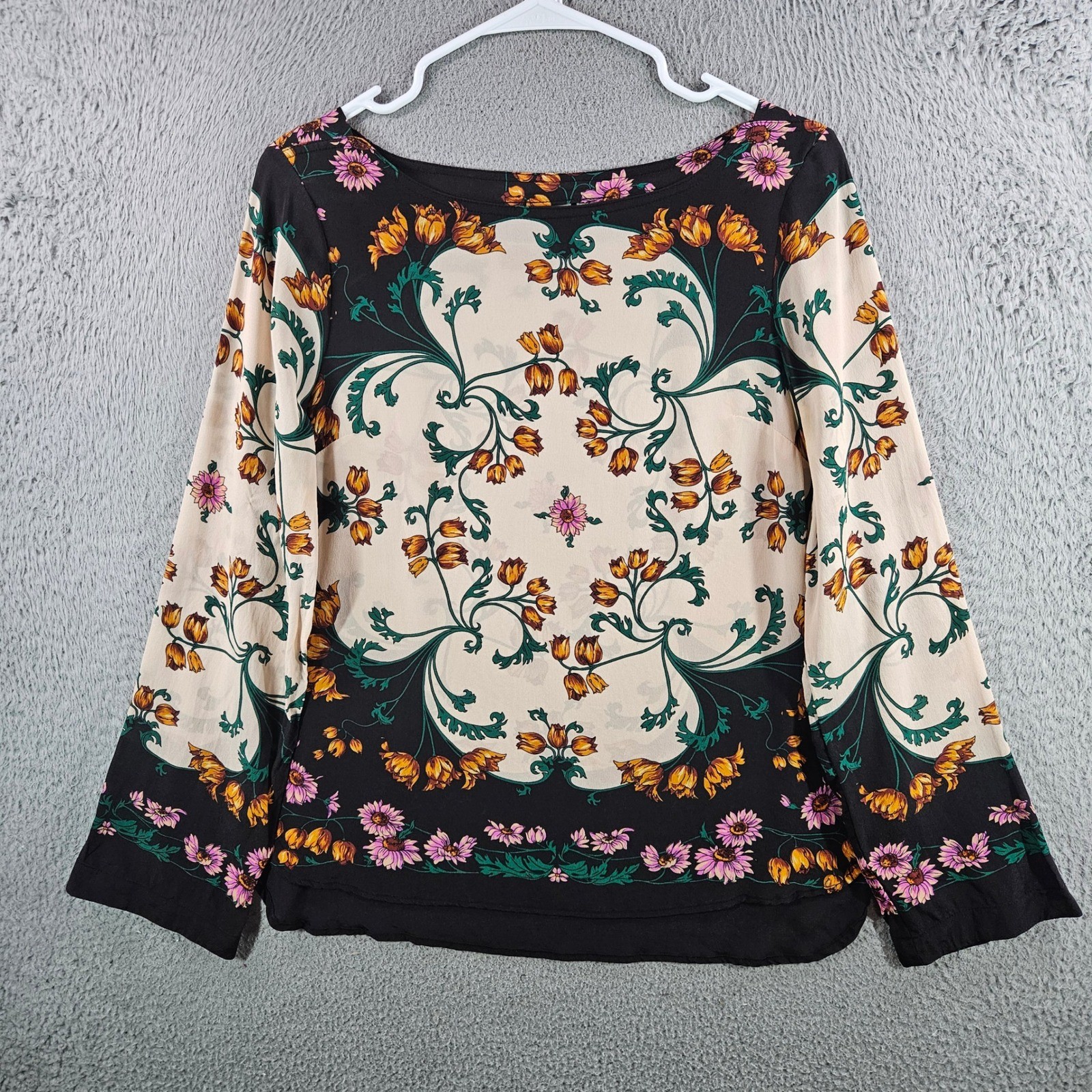 Maeve Anthropologie Womens 6 Silk Blouse Floral Botanical Nouveau Boat Neck Top