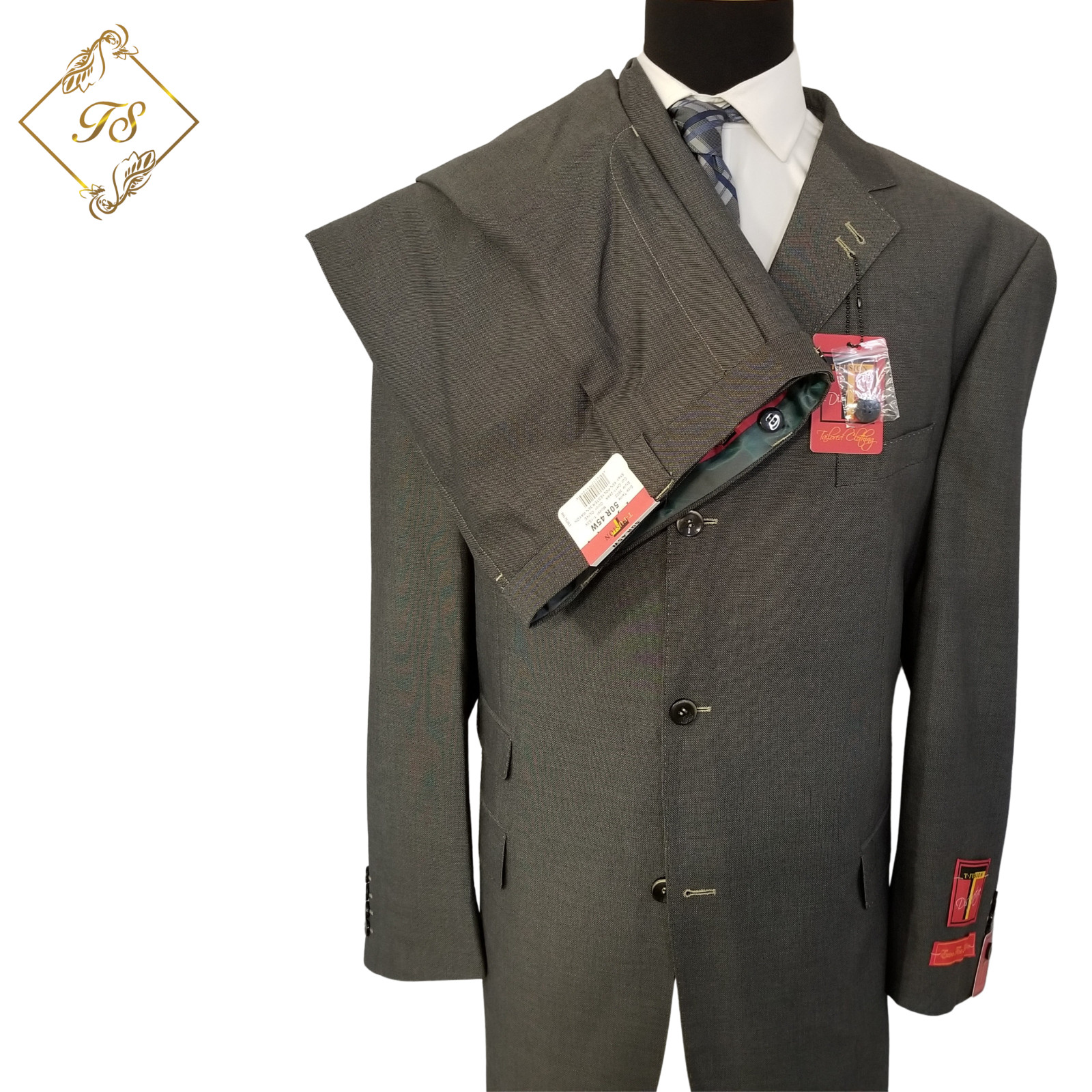 NEW $599 Tayion T-Fusion 2 Piece Olive Birdseye Suit Men’s 50R 44 X 36 Wide Leg