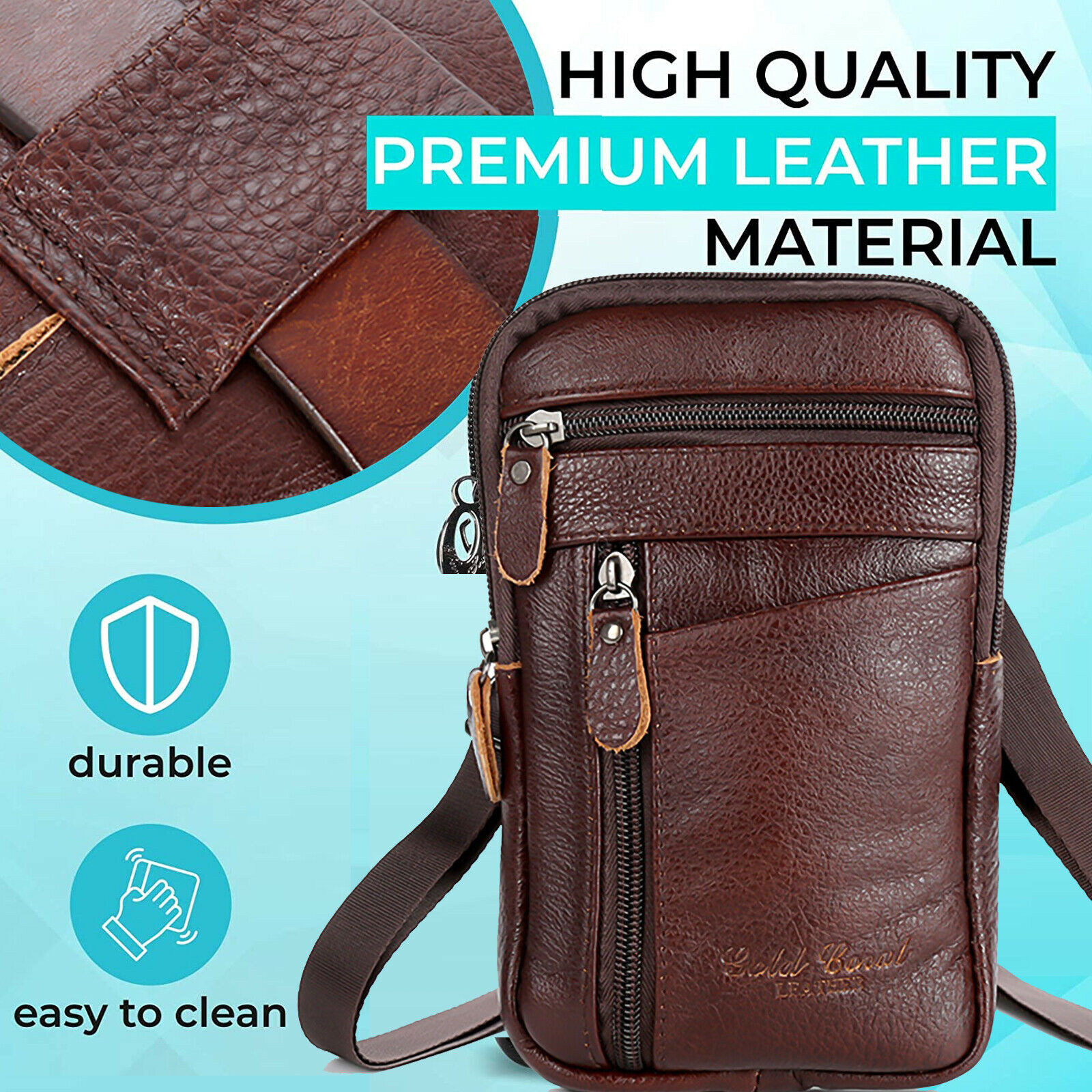 Men Leather Cell Phone Belt Bag Waist Bag Shoulder Pouch Crossbody Purse Pocket