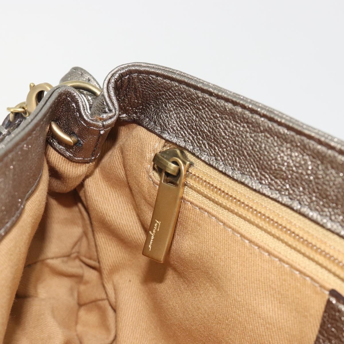 Salvatore Ferragamo Gancini Shoulder Bag Leather Silver Gold Auth 196304A