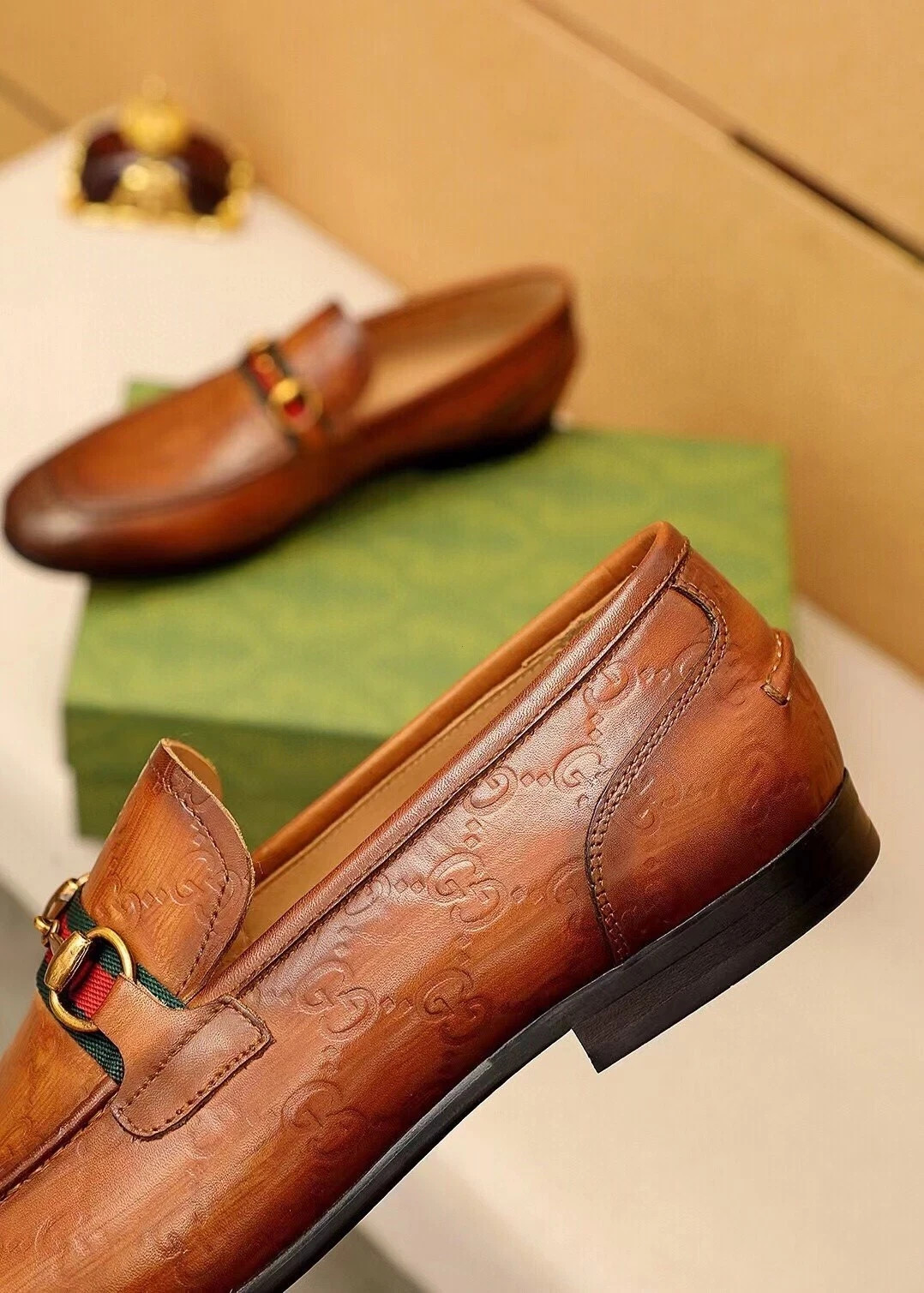 Gucci Men’s Horsebit Web GG Loafers Brown Leather Slip On Dress Shoes
