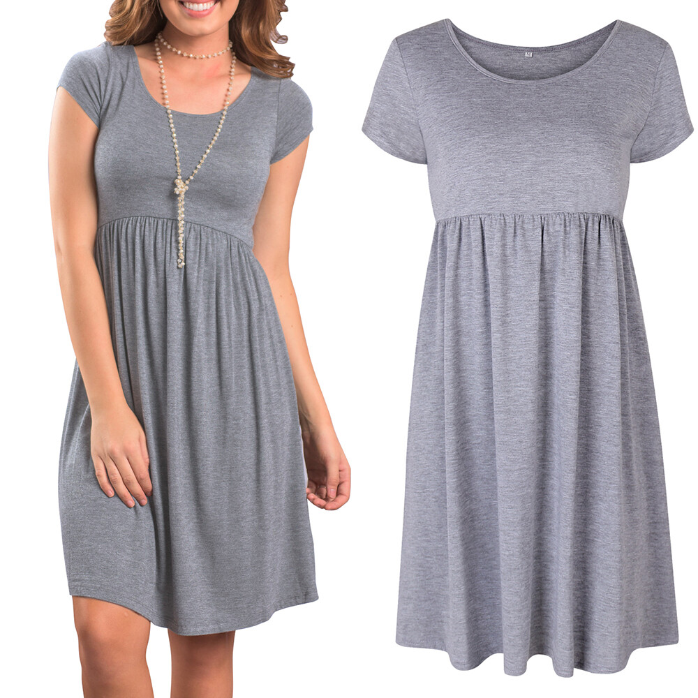 Women’s Short Sleeve Loose Tops Grey Casual Home Clothes Round Neck Soft Dress