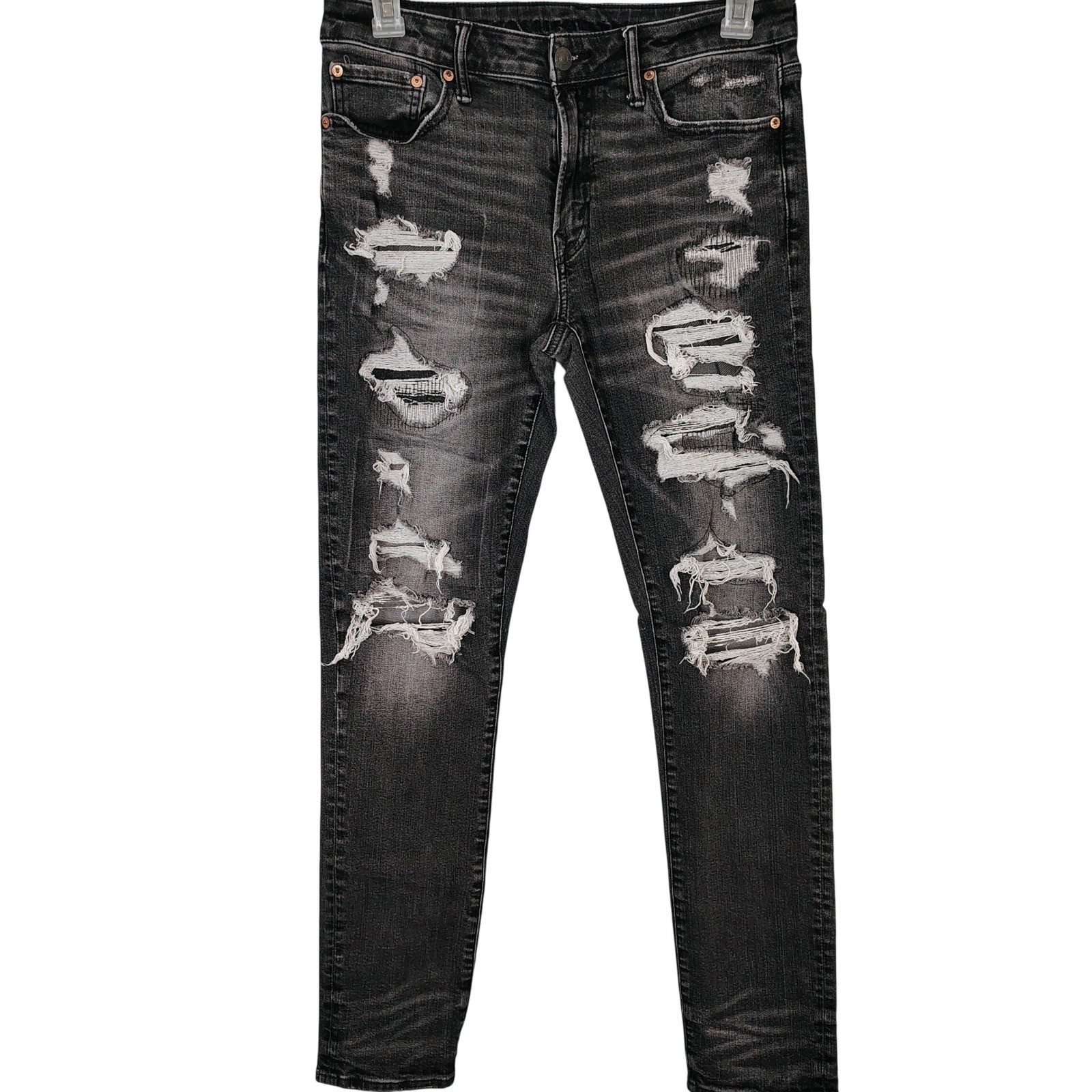 American Eagle Airflex+ Skinny Distressed Black Jeans Mens 32×33 grunge rock