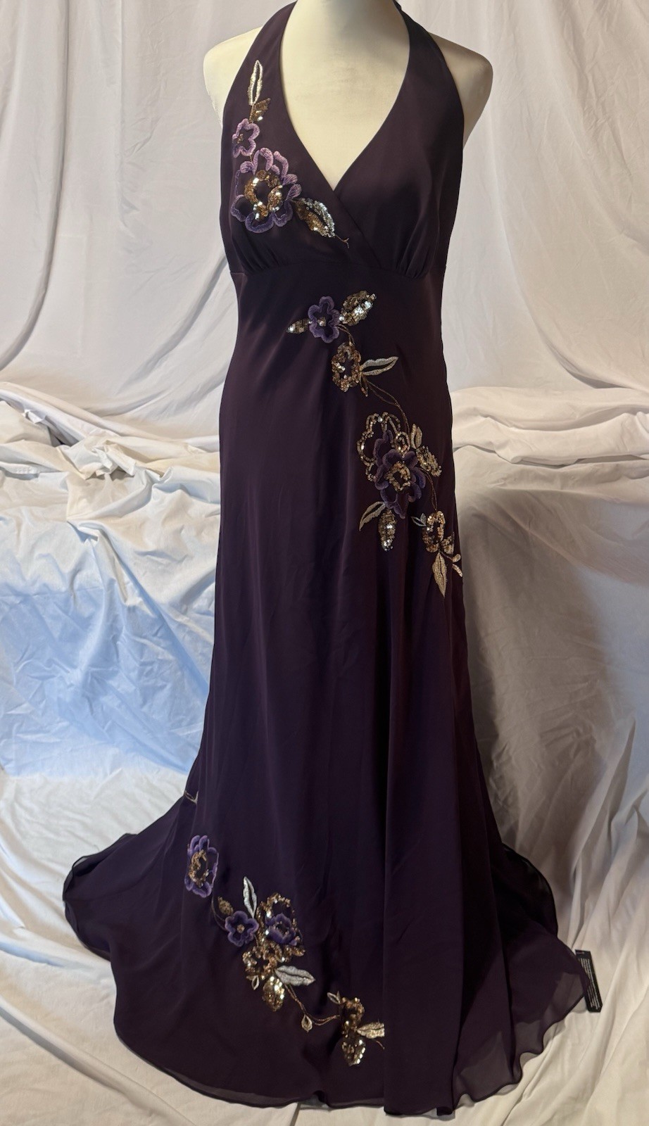 NWT Debut By Debenhams London Plum Embroidered Sequin Halter Evening Gown Size 8