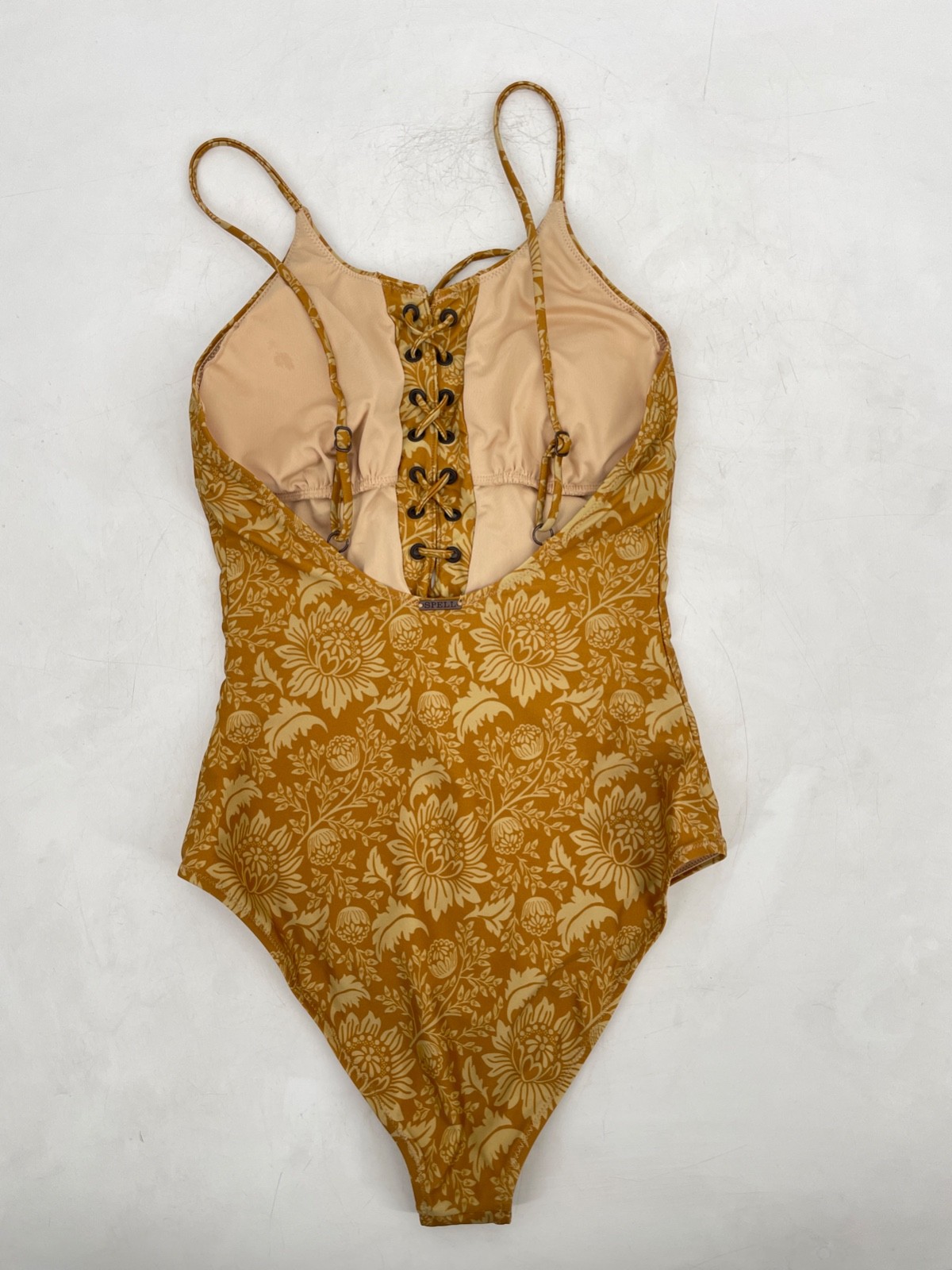 Spell & The Gypsy women size S Lioness One Piece lace-up neck swimsuit Caramel