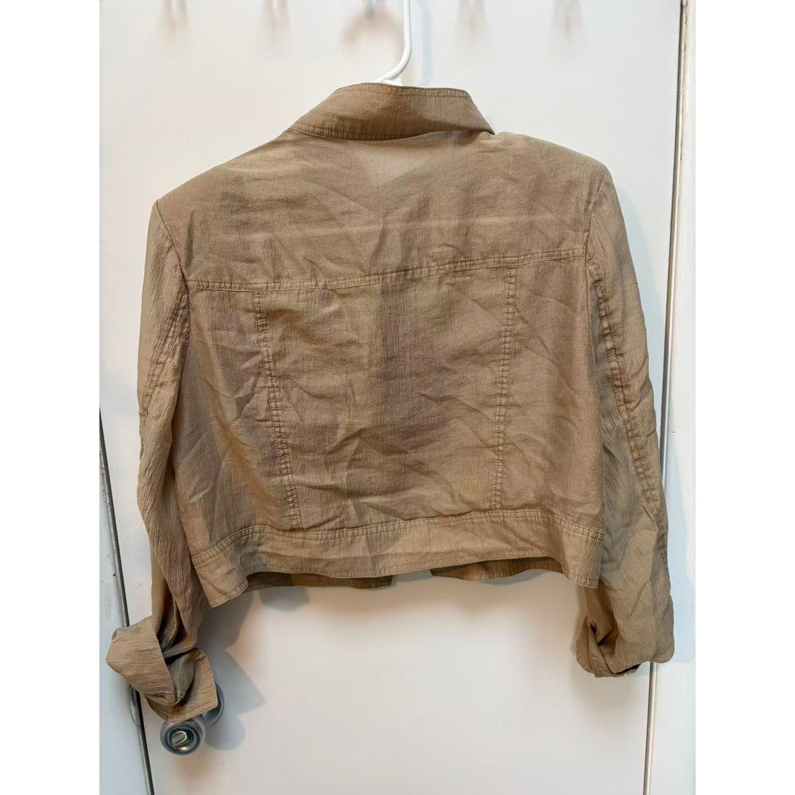 Y2K Cropped Utility Jacket Tan Khaki Asymmetric High Neck Cargo Shirt Blazer S