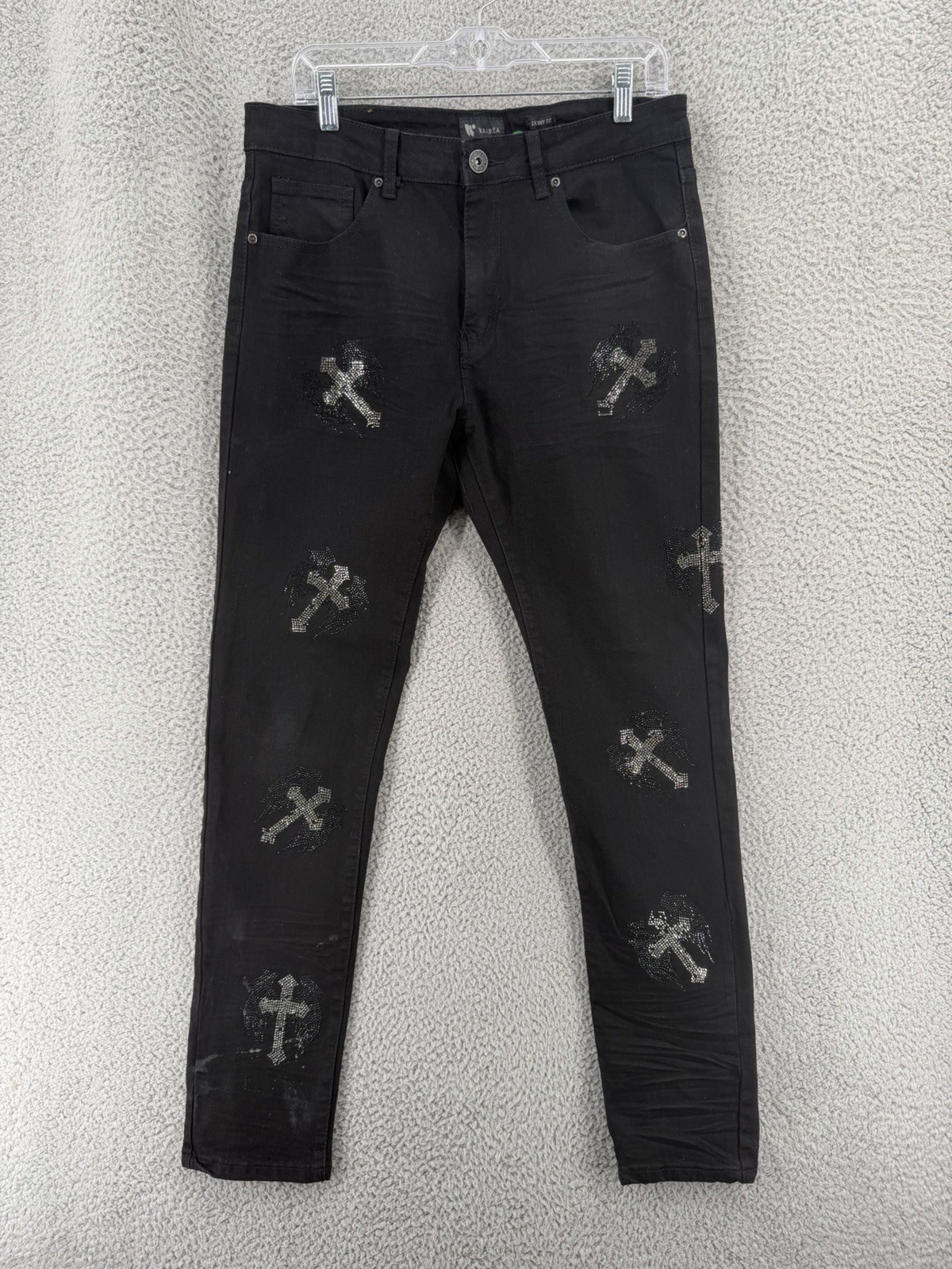 Waimea Skinny Jeans Crosses Rhinestones Men’s 32X32 Stretch Black Denim 11731