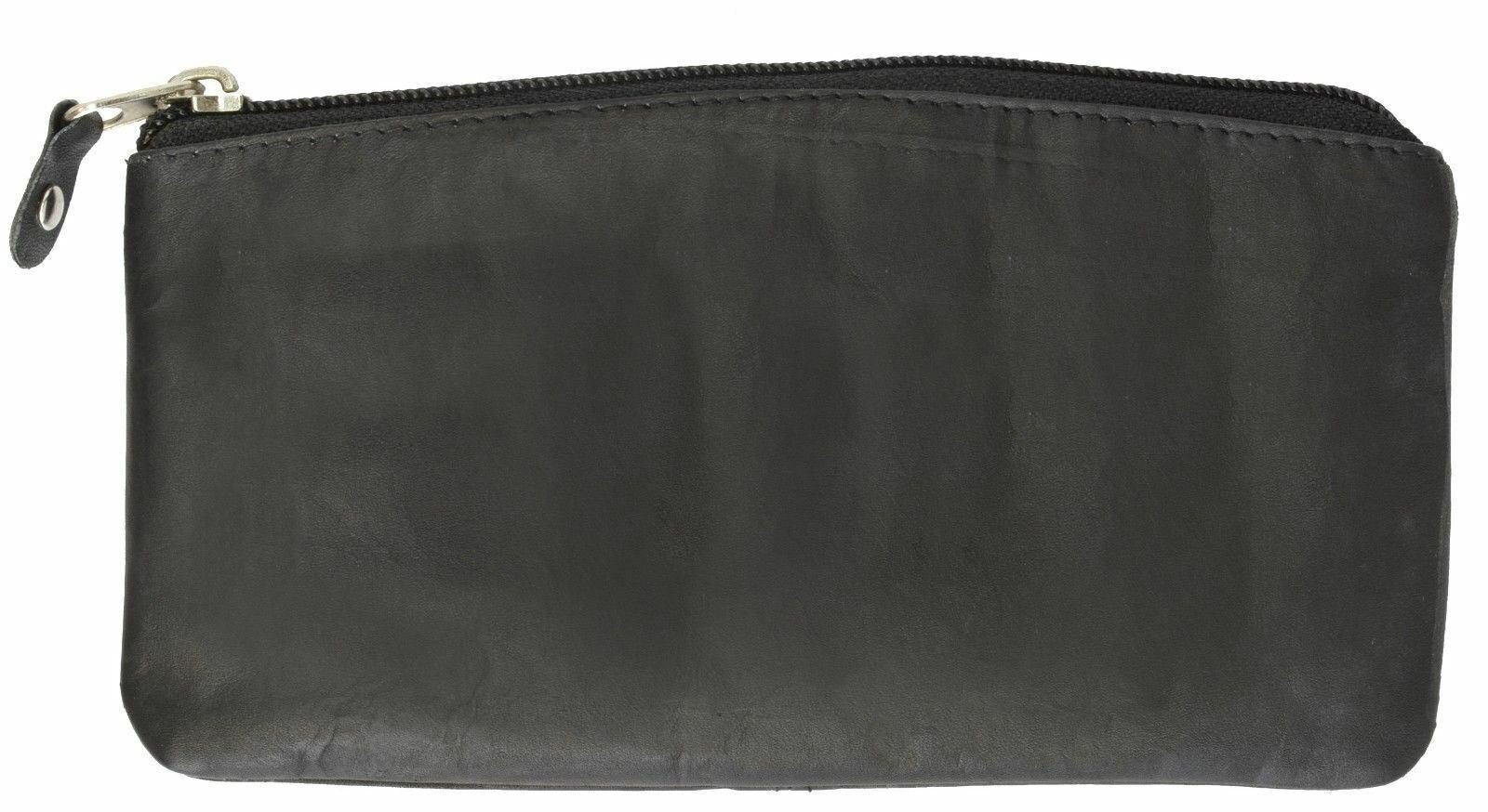 Womens Black Genuine Leather Large Zippered Coin Change Purse Ladies New