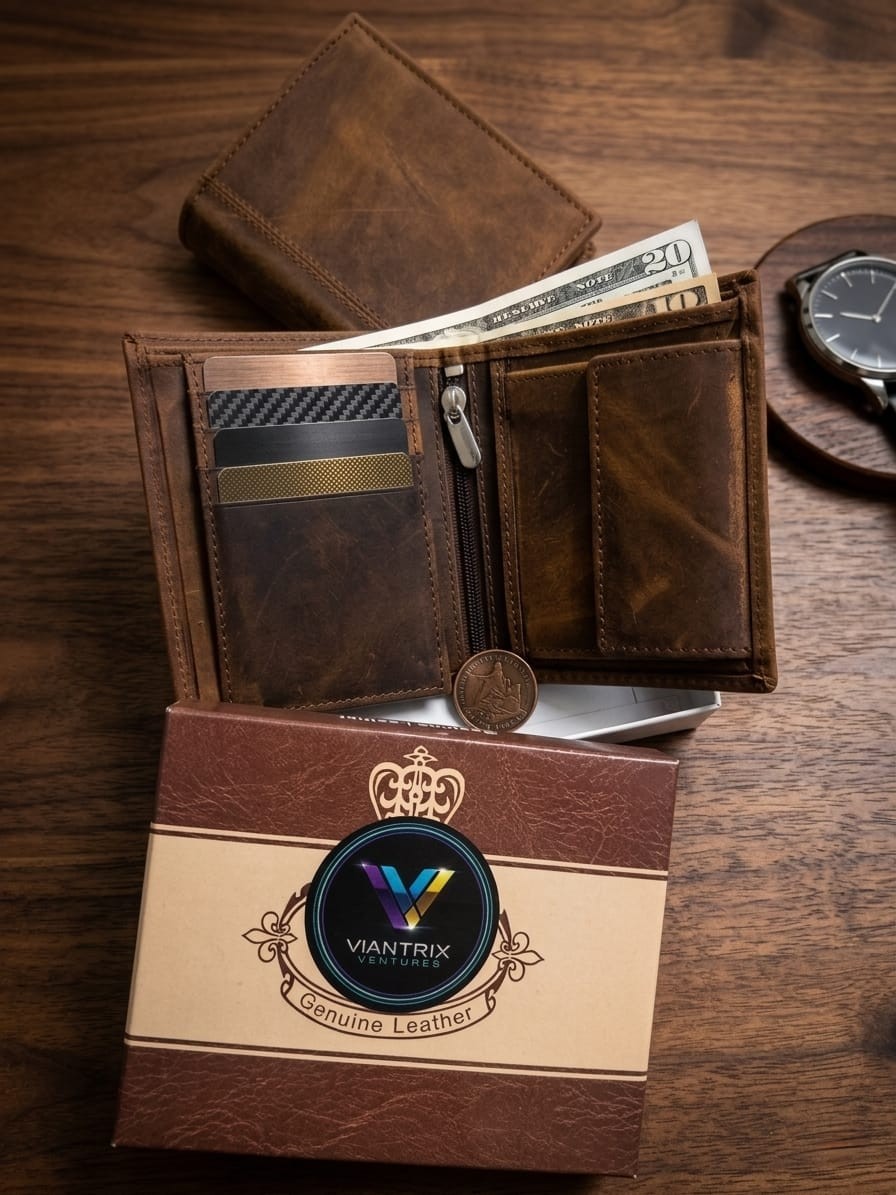 Vintage Brown Knp Leather Trifold Wallet Zipper Coin Pocket Card Holder..