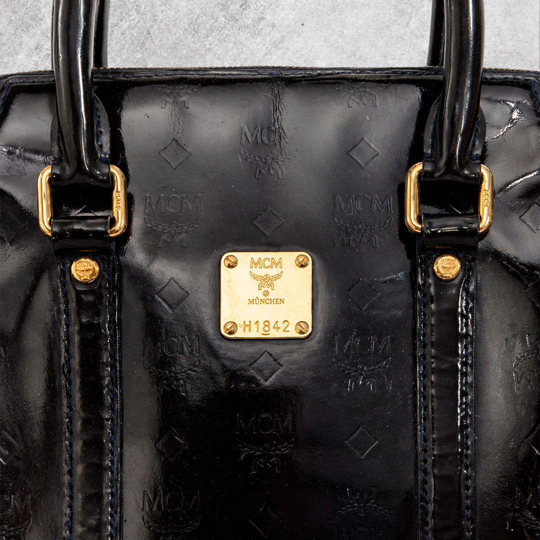 MCM Bag Luxury Black Patent Monogram Satchel Boston Bag Gold Hardware Glossy