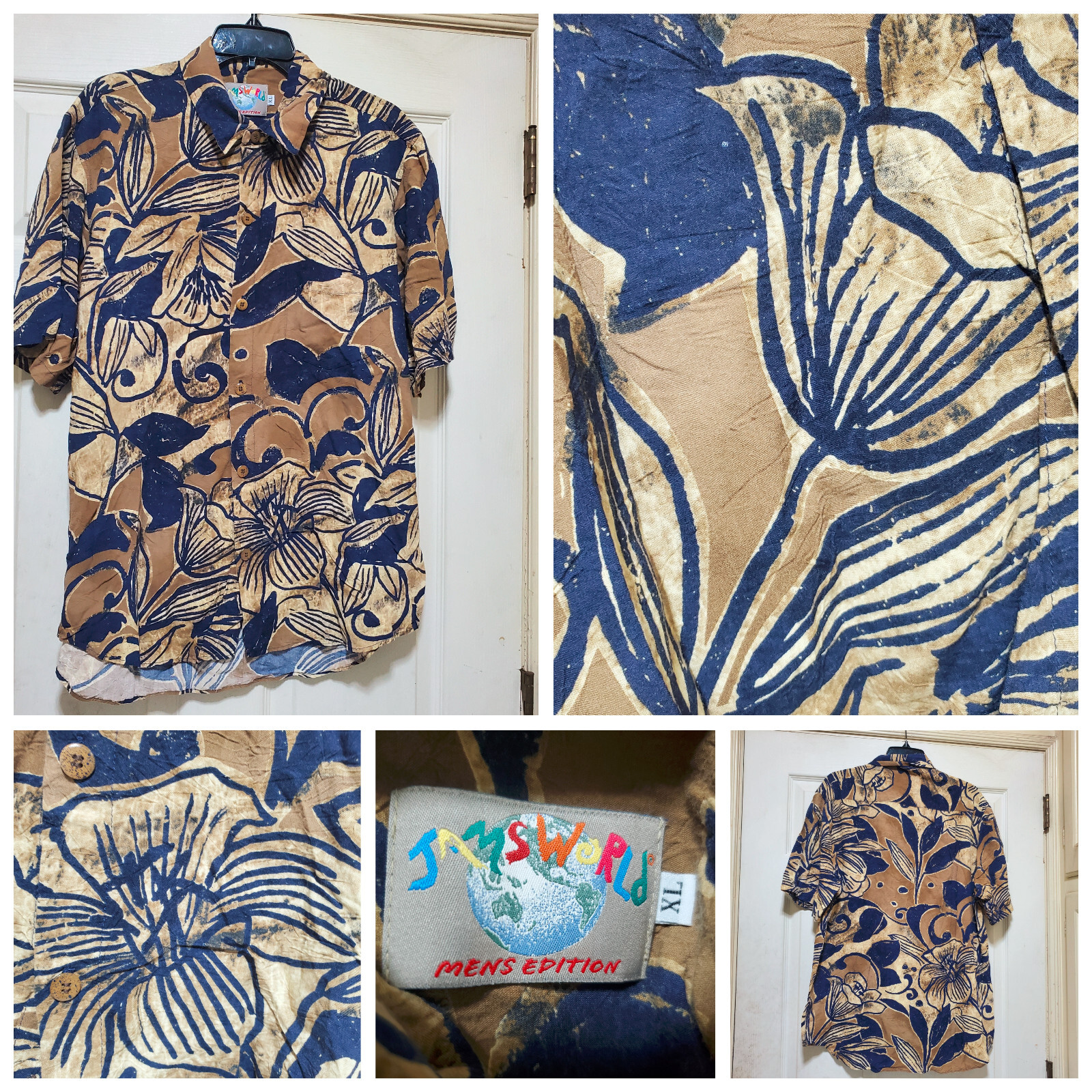 Jams World Shirt Men XL run Small Brown Blue Floral Hawaiian Lily Abstract Light