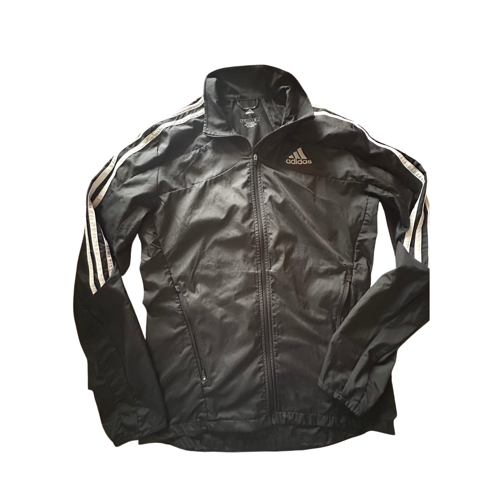 Adidas Primegreen Running Jacket Womens Small Black Zip 3-Stripe Windbreaker