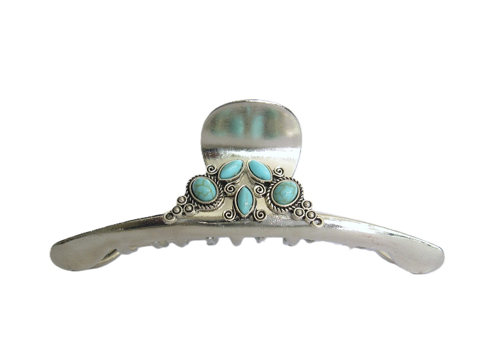 Large shiny turquoise blue stone silver metal western hair claw clip