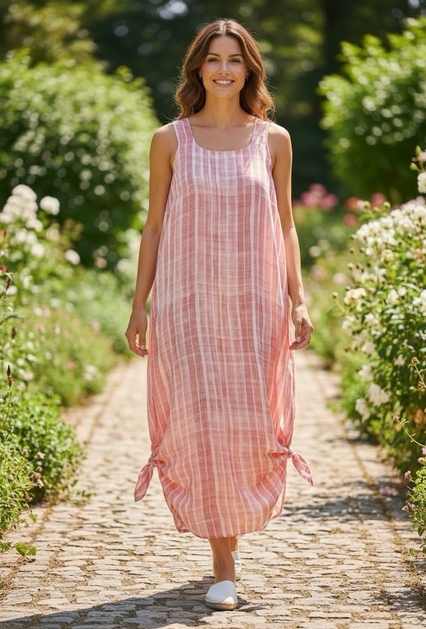 Vince Camuto Pink White Plaid Scoop Neck Lined Tie Zip Maxi Dress Women L
