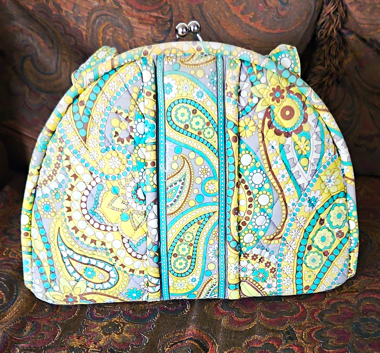 Multicolor Paisley Quilted Top Handle Satchel Bag Kiss Lock Lined Silver