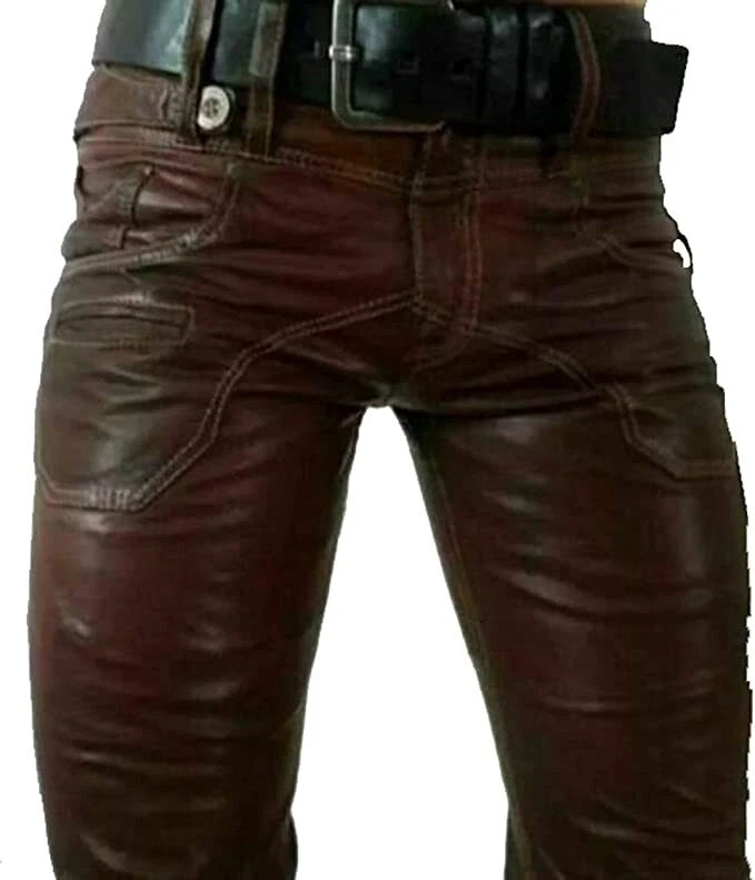 Mens Leather Jeans Pants Trouser 5 Pockets Cowhide Brown Breeches BLUF Levis 501