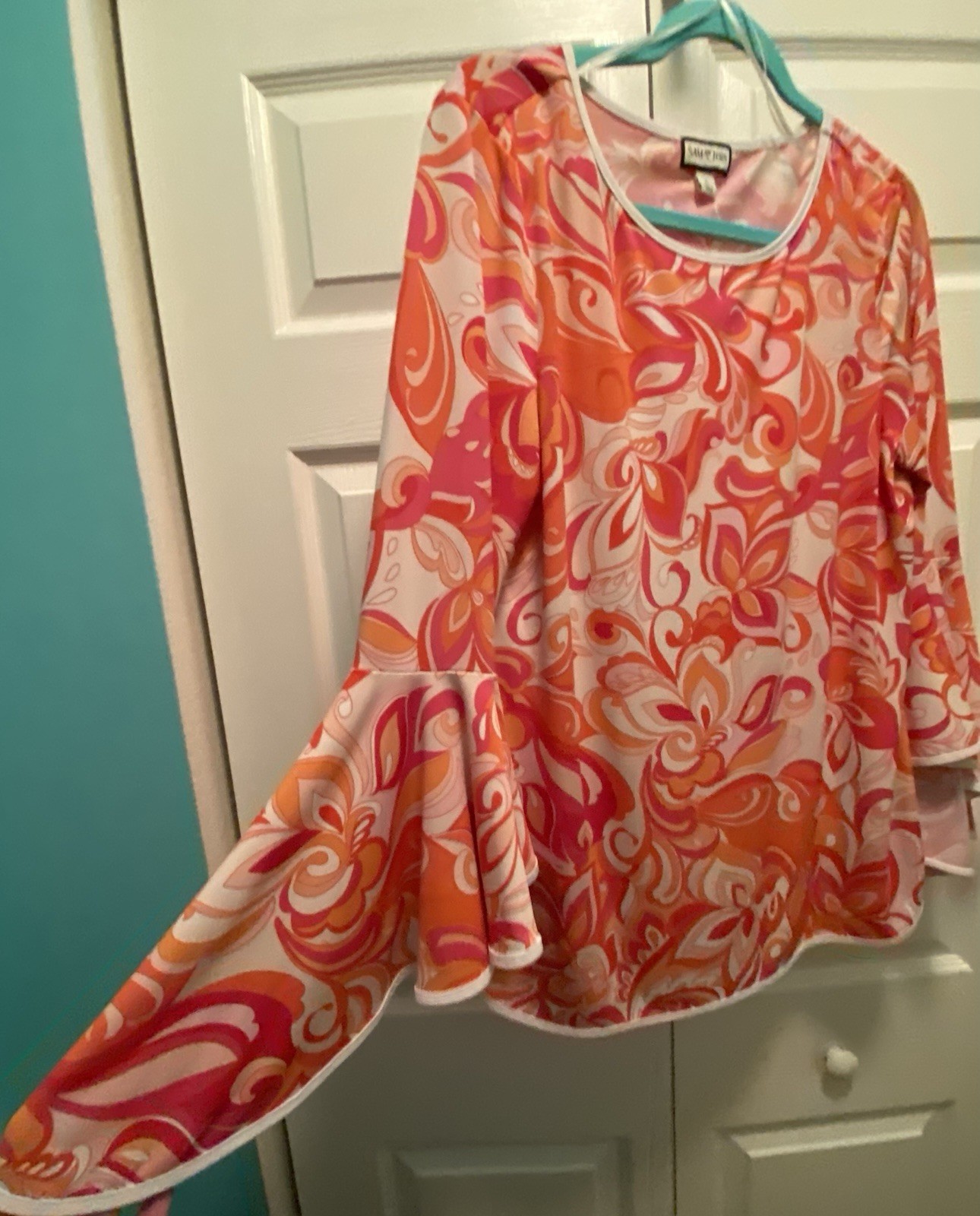 Sam & Jess Vintage Inspired 60’s Groovy Swirl Floral Pink Orange Top Large