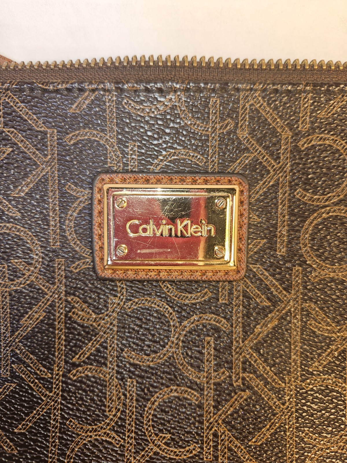 Calvin Klein CK Monogram Brown Crossbody Bag Adjustable Strap Gold Hardware