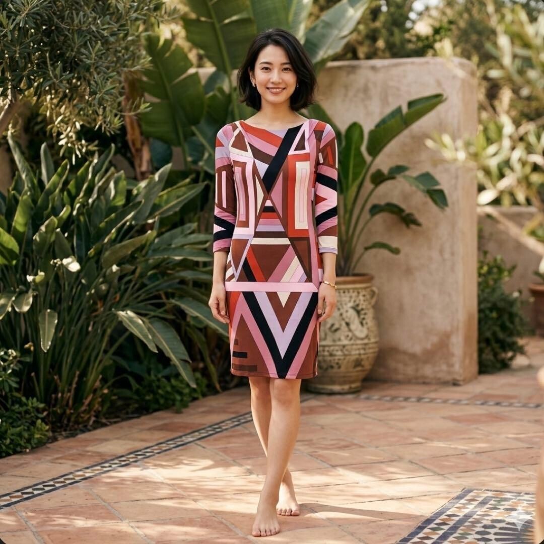 Emilio Pucci Rayon Geometric Pucci Print Dress Italy SzM Knee Length V Neck Auth
