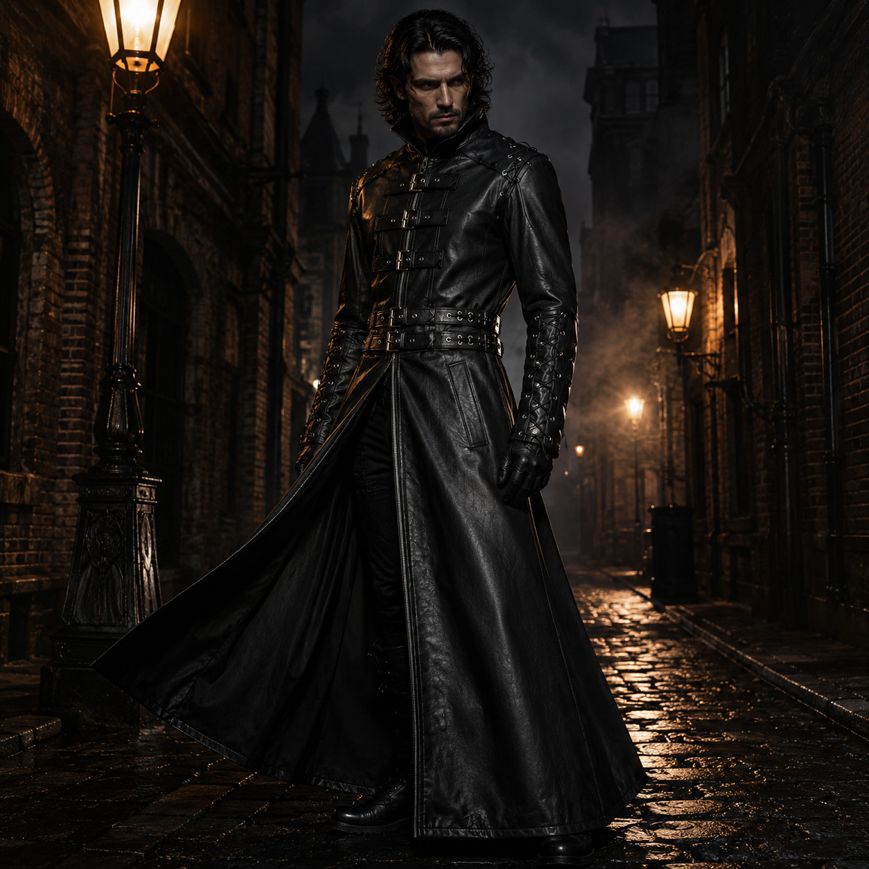 Mens Black Real Leather Gothic Trench Coat Steampunk Lace Up Sleeves Handmade