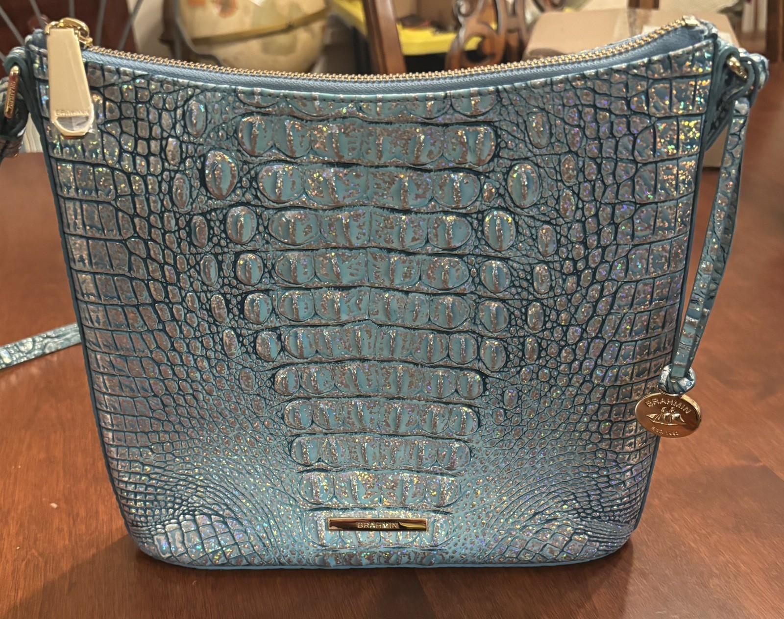 Brahmin Katie Blue Melbourne Crocodile Embossed Leather Crossbody Bag-Great Cond