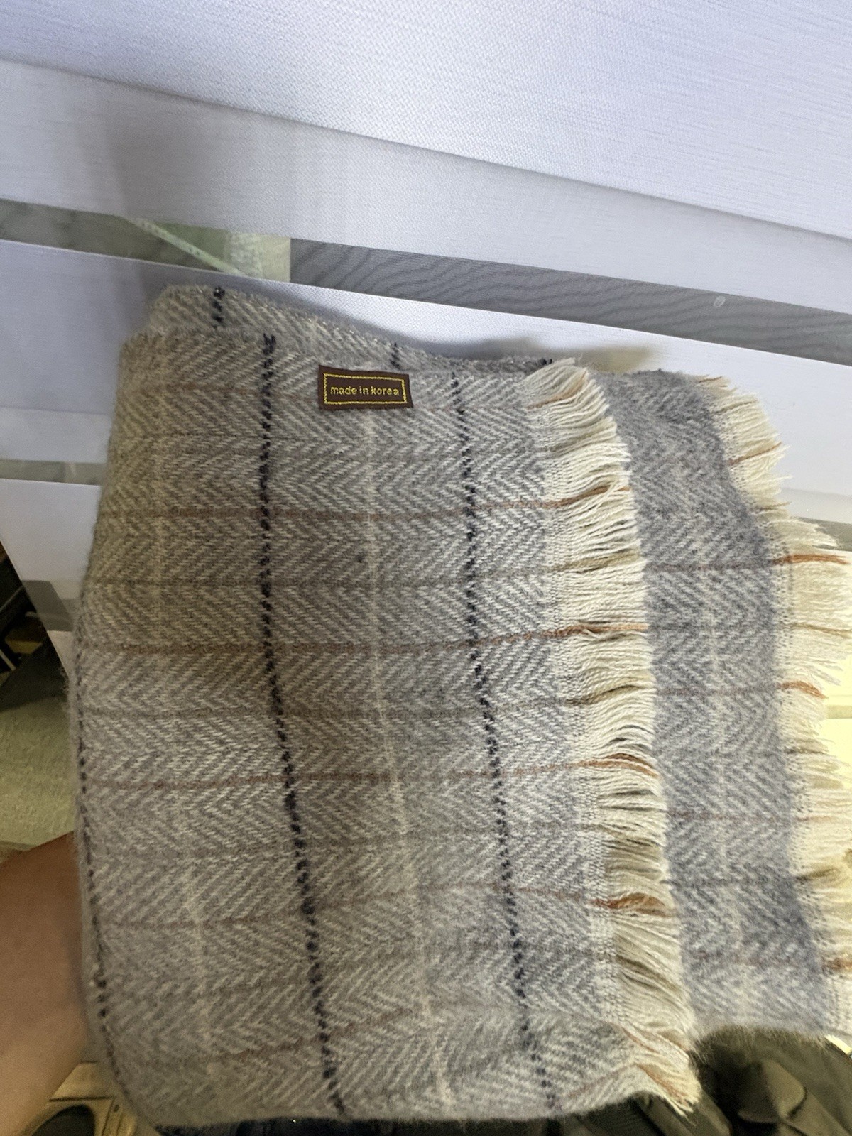 Gray Plaid Wool Woven Rectangle Scarf with Fringe, Women’s 38×21 in