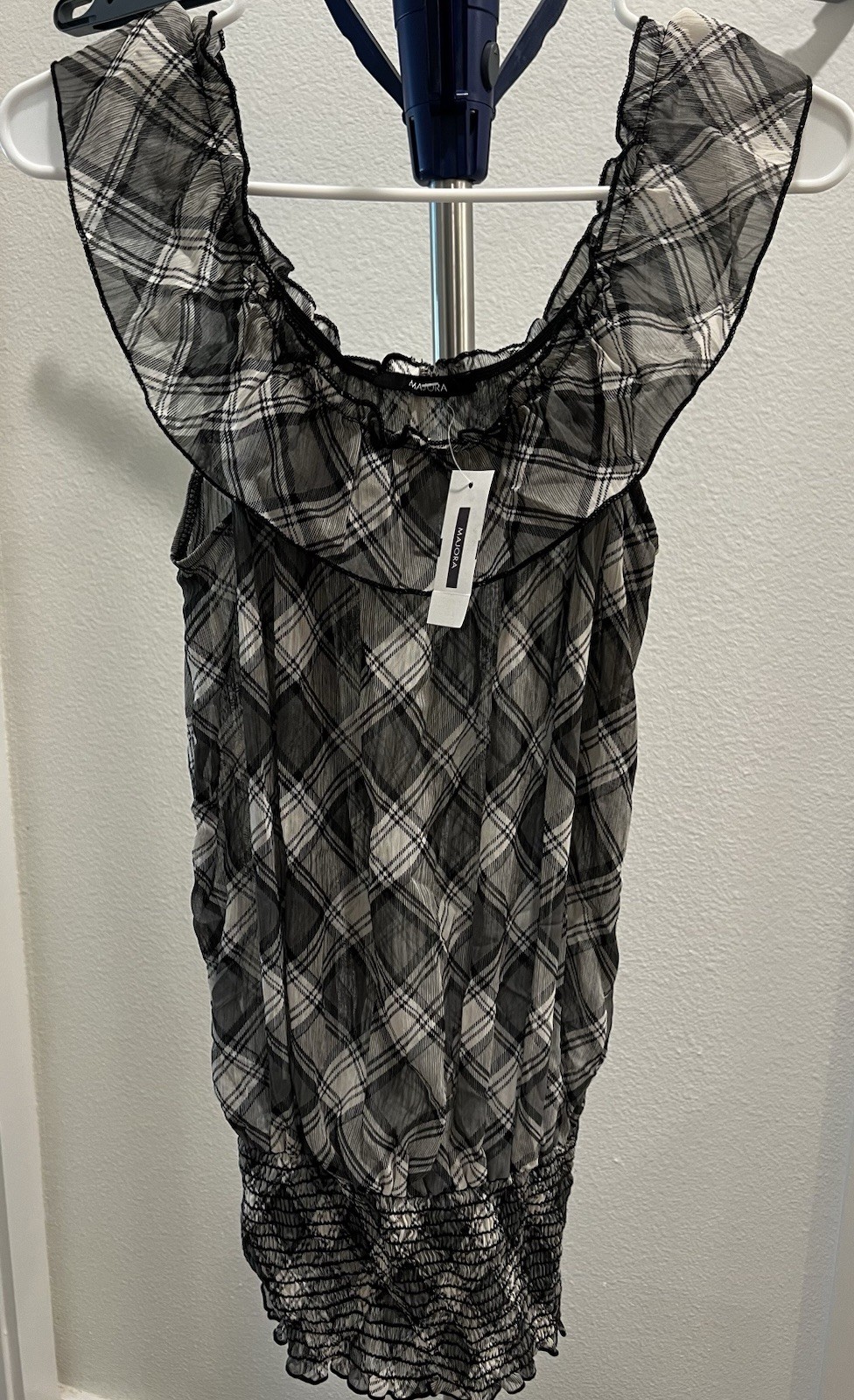 NWT Black White Plaid Blouse Sheer Chiffon Smocked Ruffle Top M