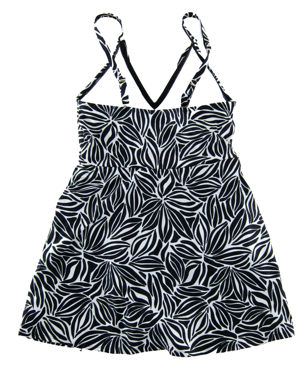 Lands End Classic Black White Floral Built In Bra Slimming Swimsuit Swimdress M