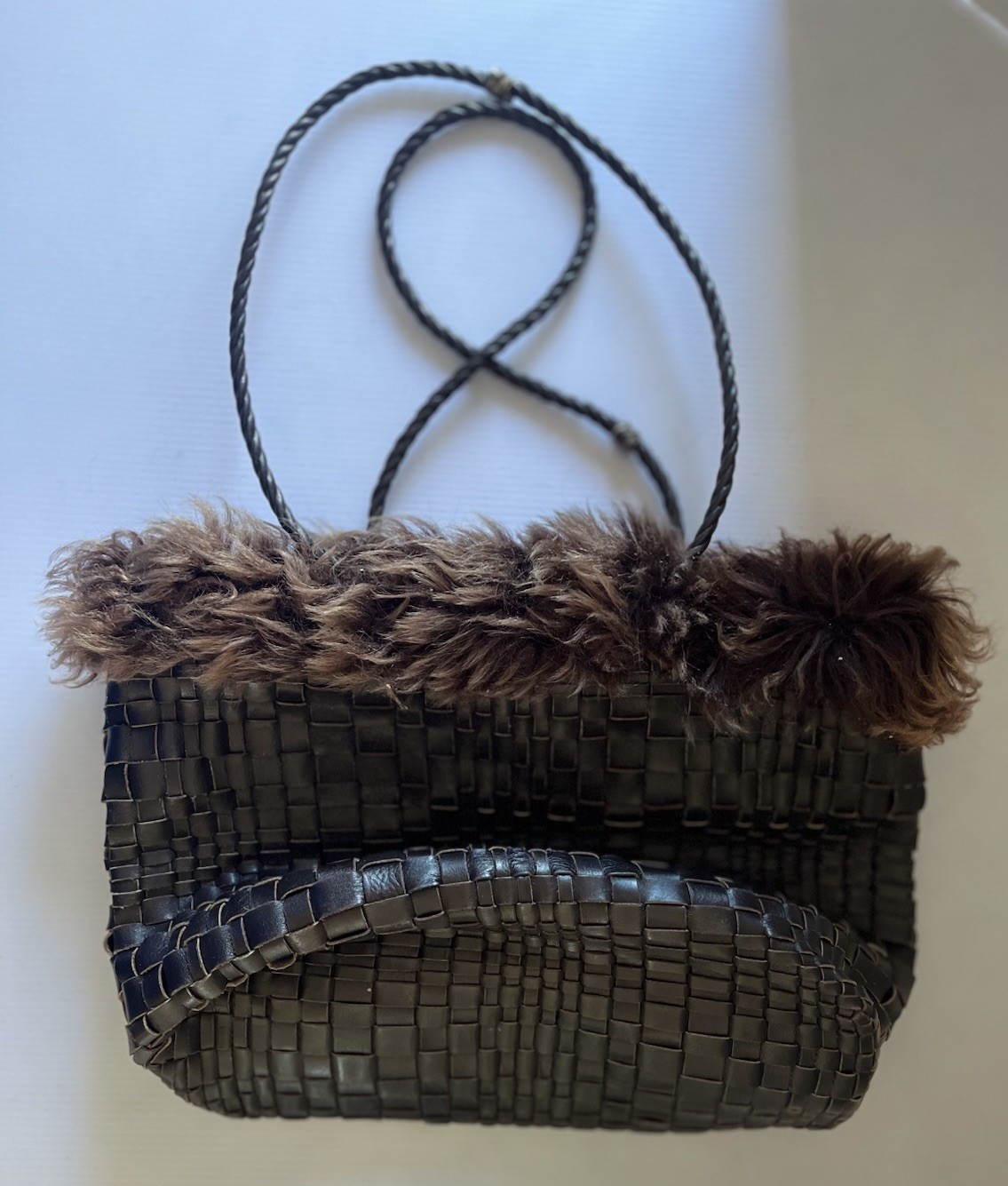 Falor Le Borse Leather Brown Woven Purse w/ Faux Fur Made in Italy SALE!