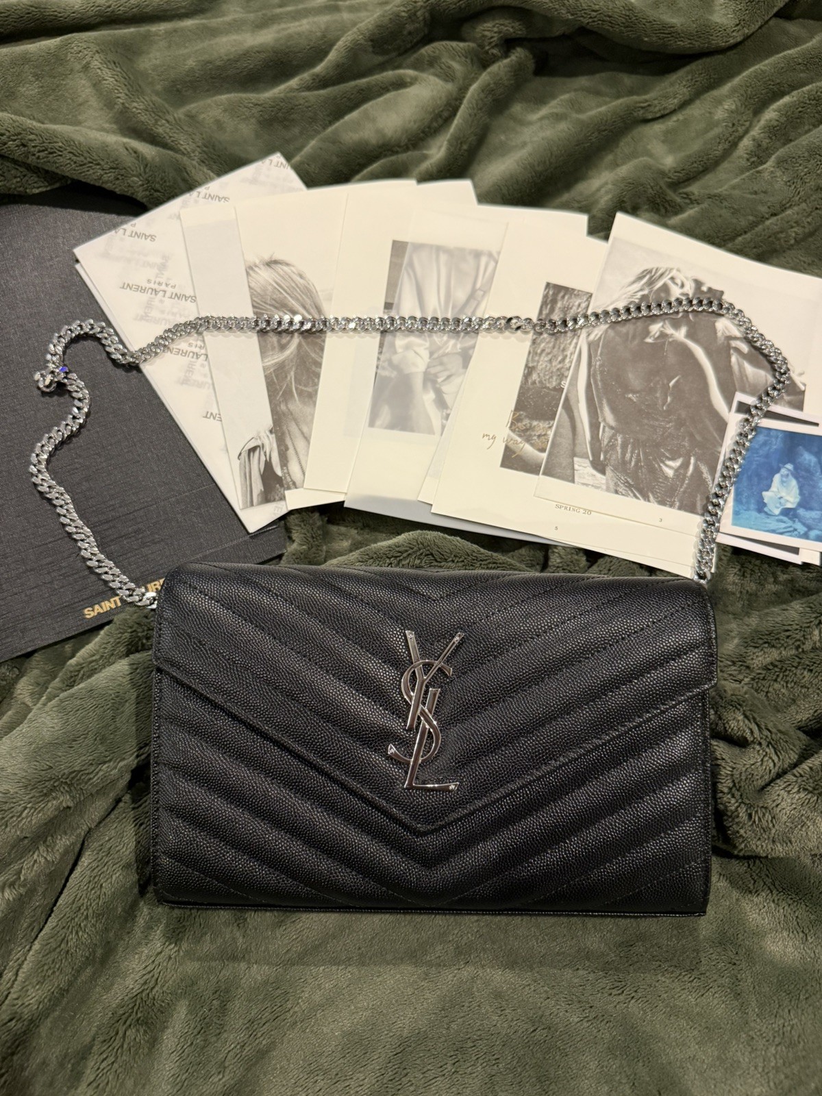 Saint Laurent Large Wallet On Chain Clutch Black Envelope Bag YSL Monogram