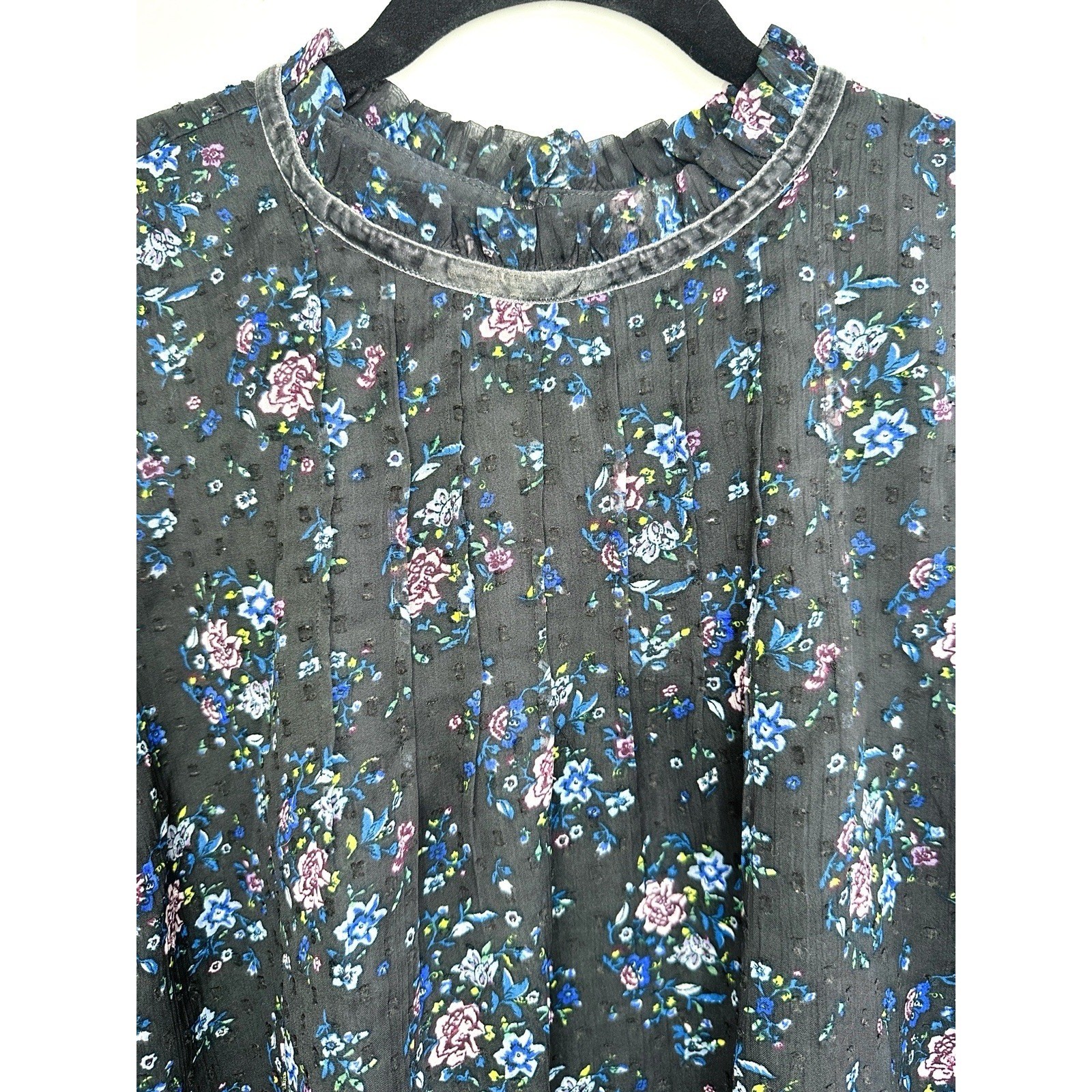 LOFT Floral Clip Dot Blouse Small Black Ruffle Neck Long Sleeve Sheer Cottage