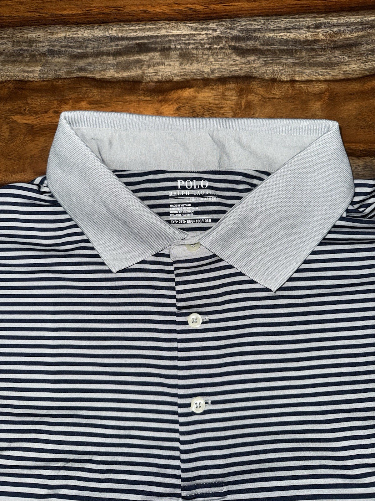 POLO RALPH LAUREN Men’s Big & Tall Grey Navy Striped Performance Polo Shirt 2XB