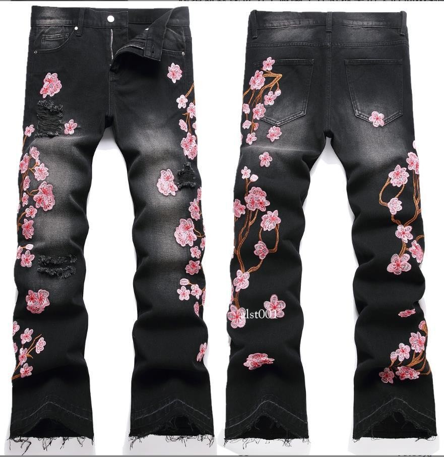 Men’s Black Denim Jeans Straight Leg Casual Pants Floral Embroidery Punk Hip Hop
