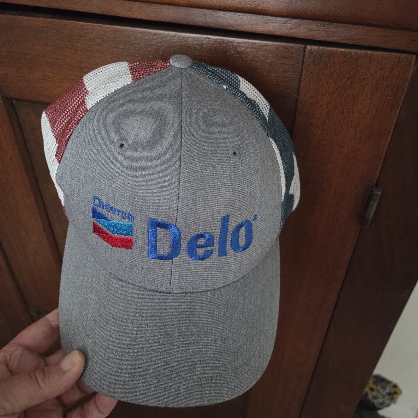 Chevron Delo Stars Stripes Red White Blue Trucker Hat Richardson 112 PM NWOT